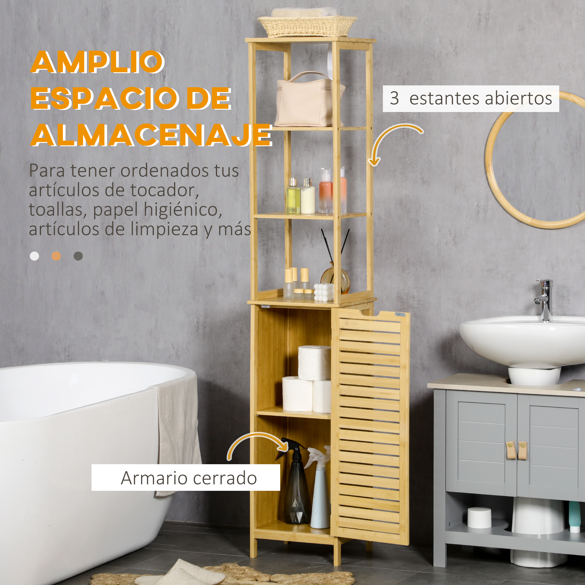 Un alto armario de bambú para baño con estantes abiertos y un armario cerrado abajo.