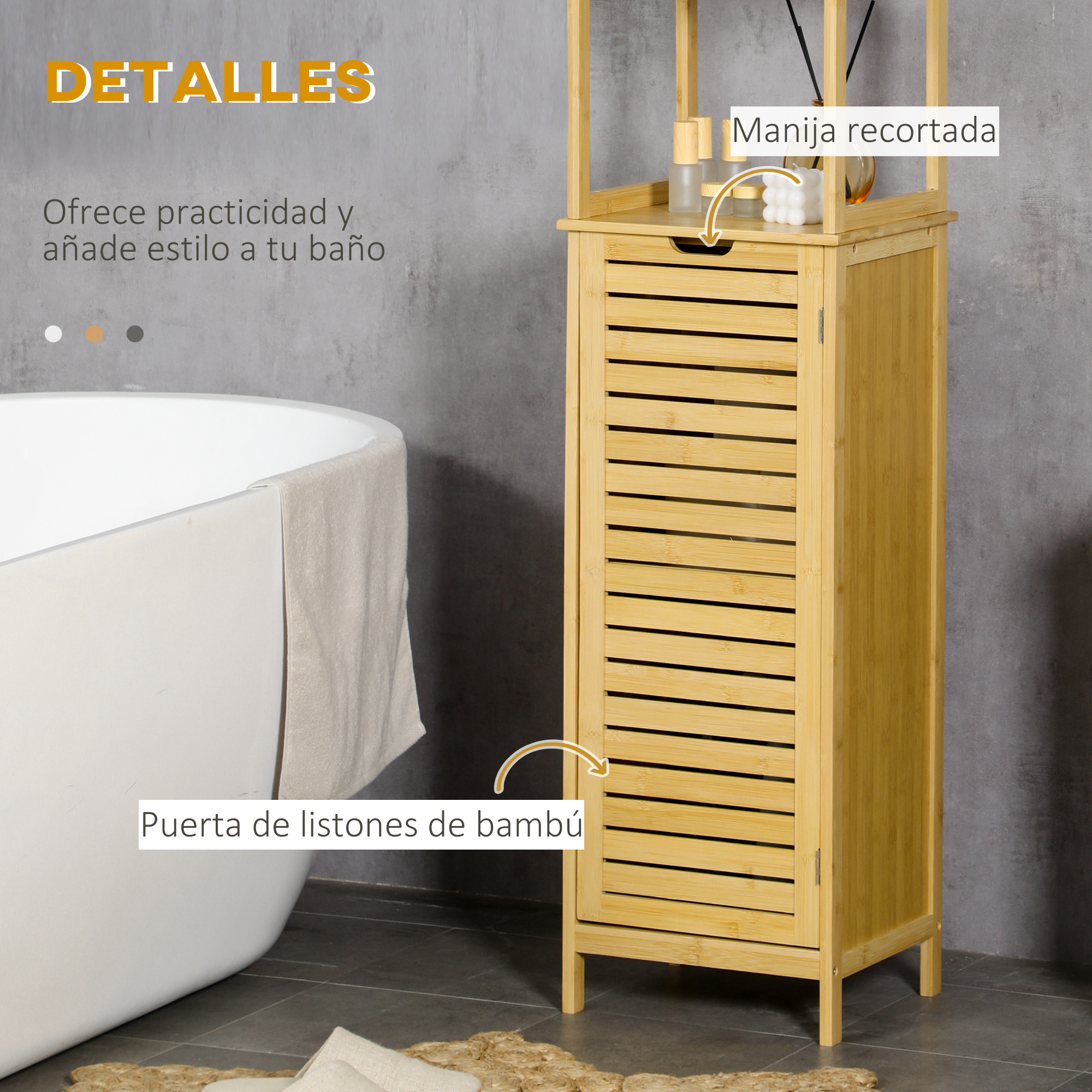 Un mueble de baño de madera con puerta de lamas junto a una bañera.