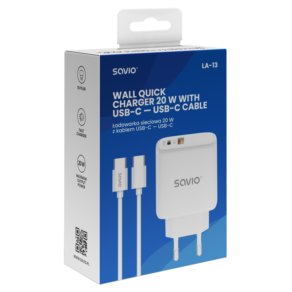 Biała ładowarka sieciowa Savio 20W USB-C z kablem, wtyczka UE.