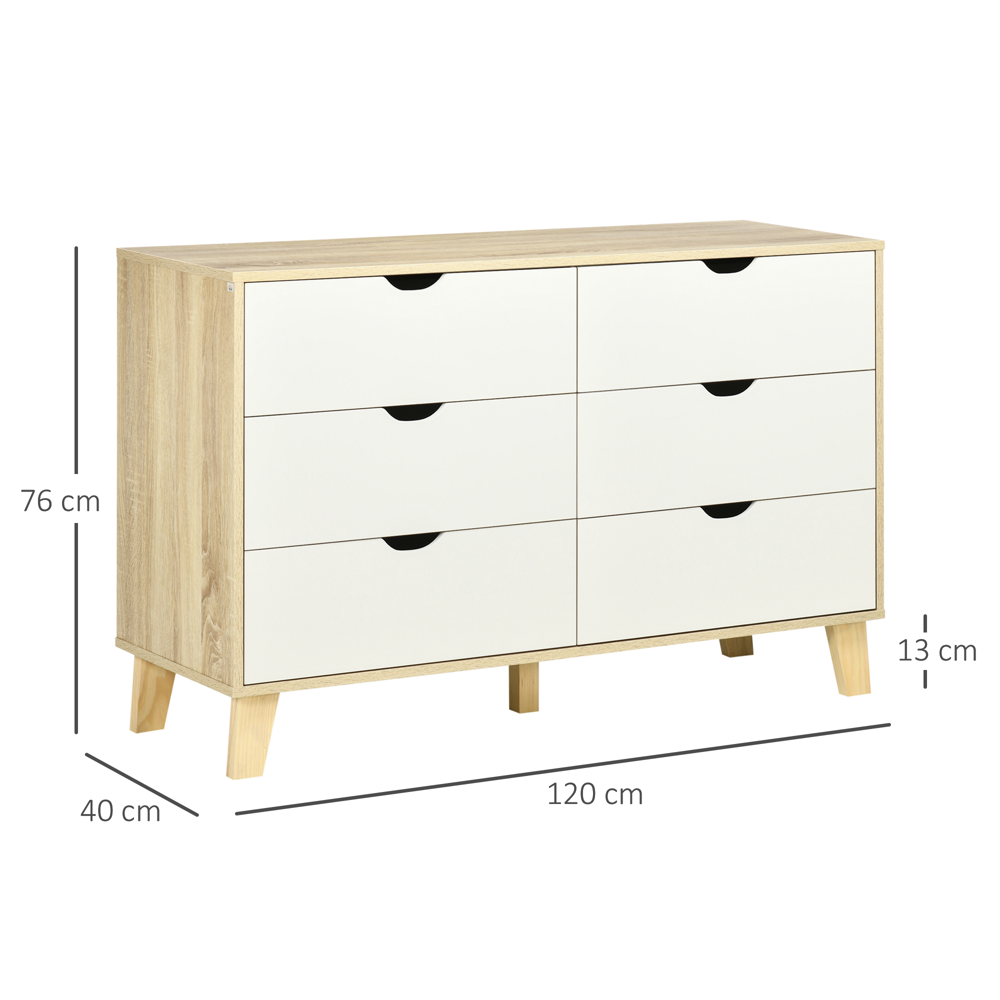 Cómoda blanca con seis cajones y patas de madera. Se muestran dimensiones.