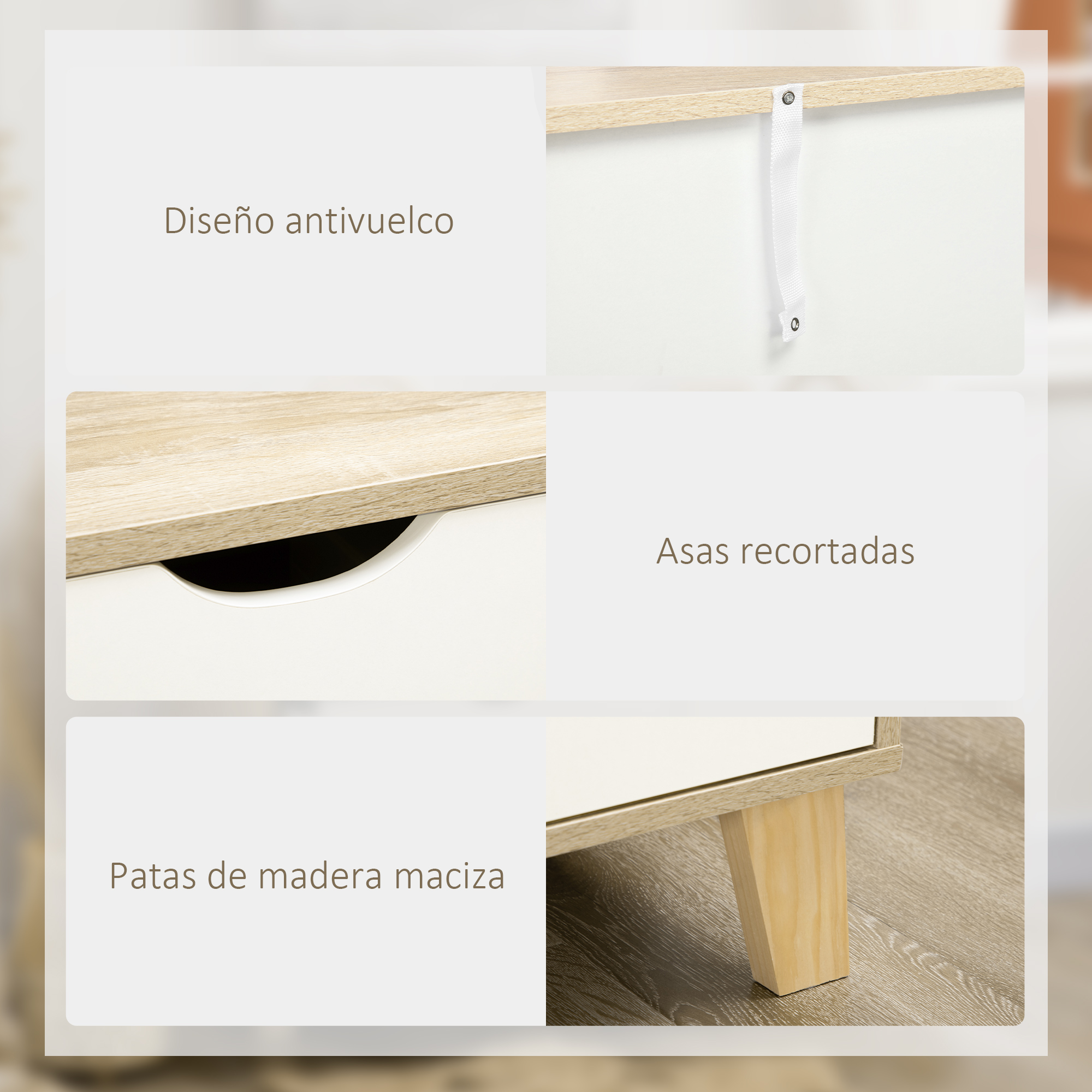 Diseño antivuelco, asas recortadas y patas de madera maciza.
