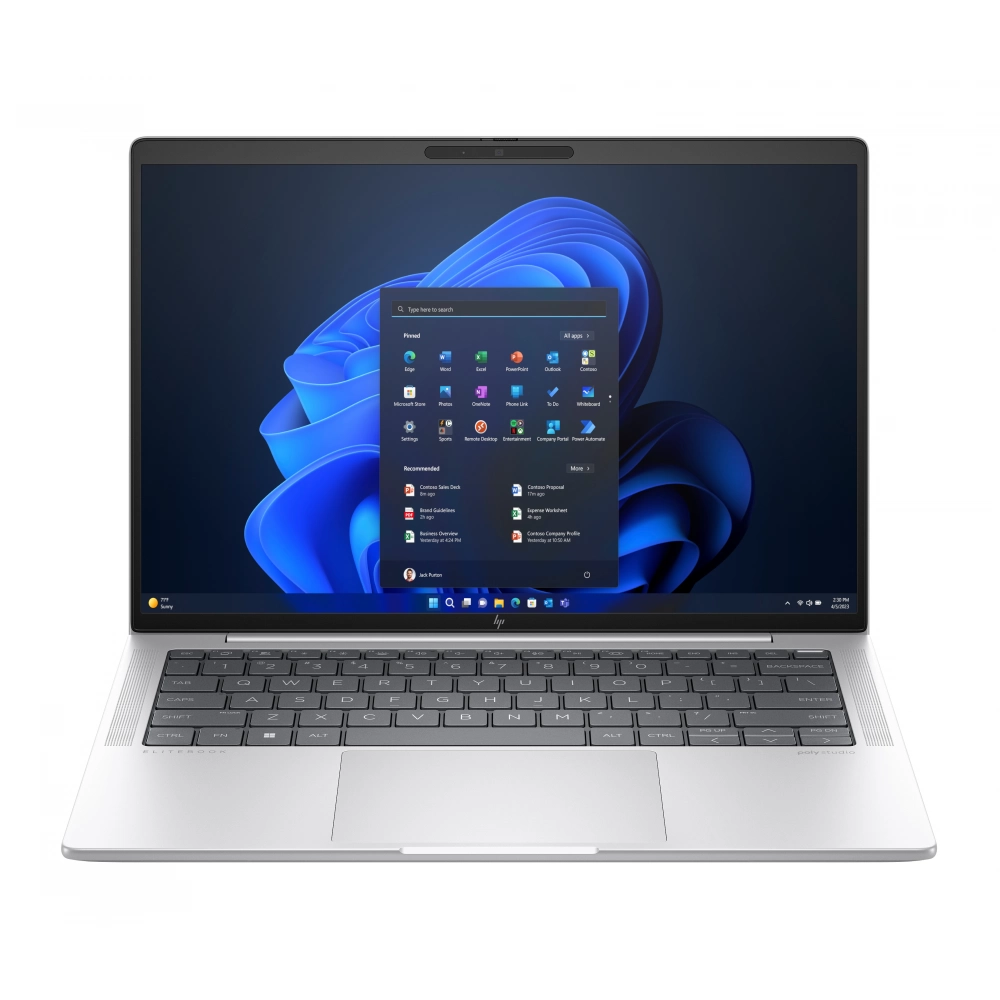 Ekranında açık Windows 11 başlat menüsü bulunan gümüş renkli HP Elitebook dizüstü bilgisayar.