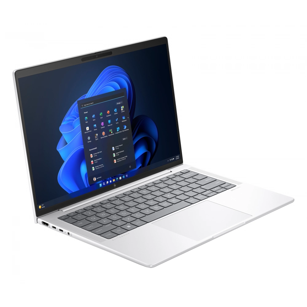 Windows 11 simgelerini gösteren koyu renkli ekrana sahip gümüş rengi HP Elitebook dizüstü bilgisayar.