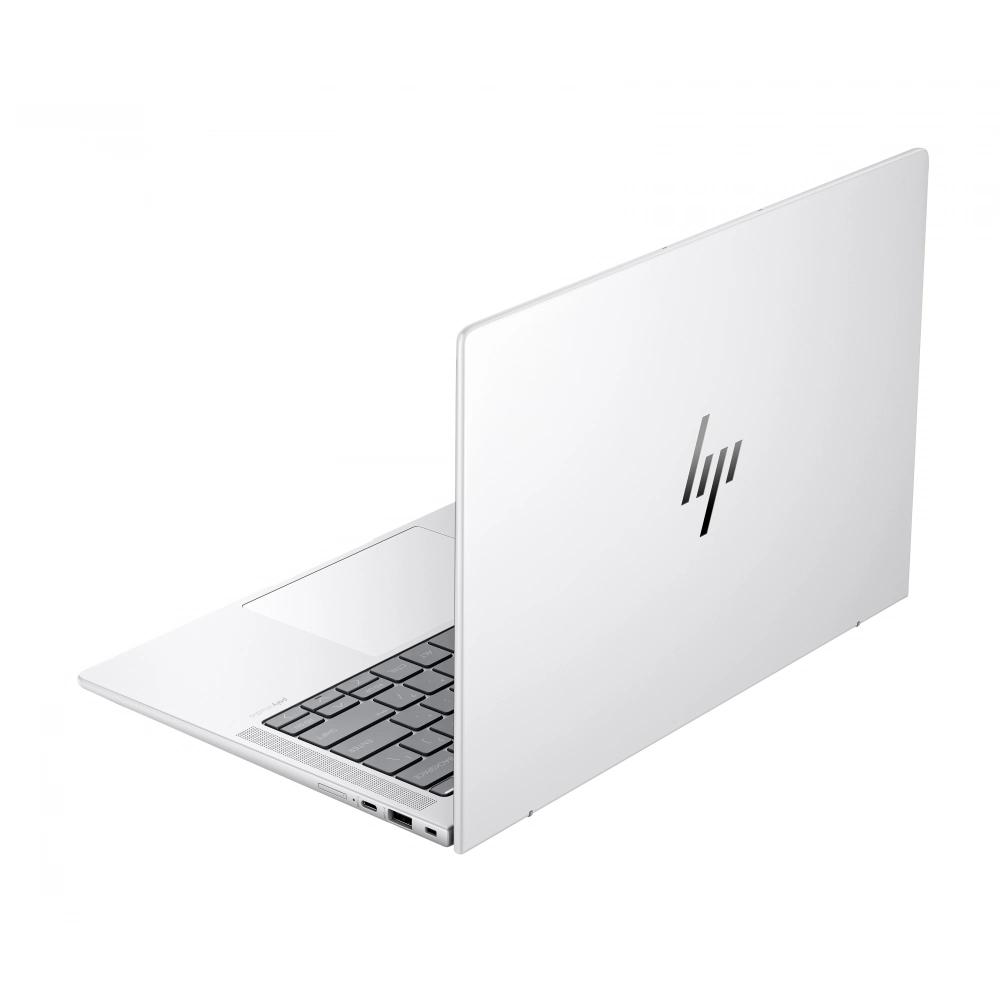 Klavye ve bağlantı noktalarını gösteren beyaz bir HP dizüstü bilgisayar. Logo kapakta.