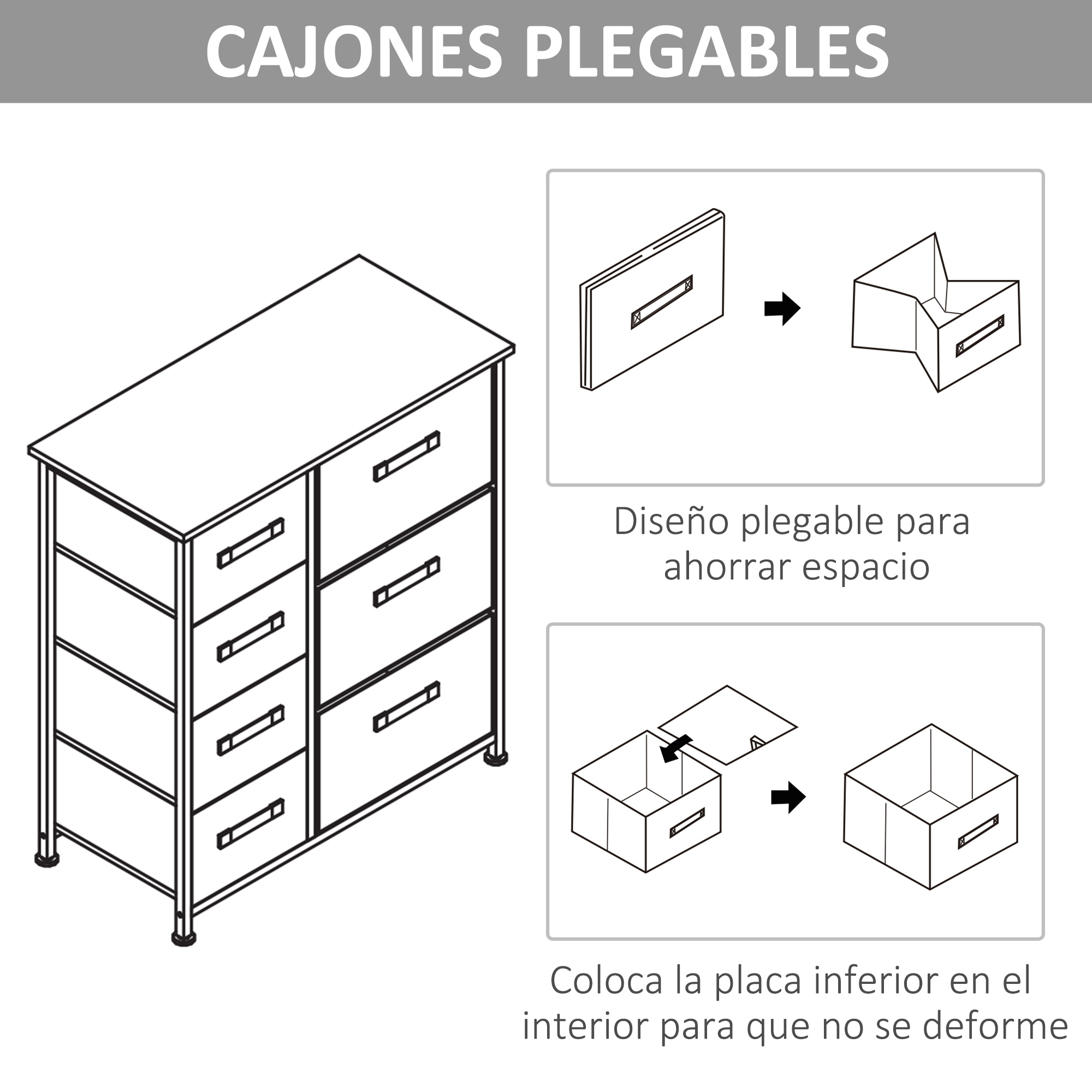 Cómoda de seis cajones. Muestra cómo montar un cajón plegable.