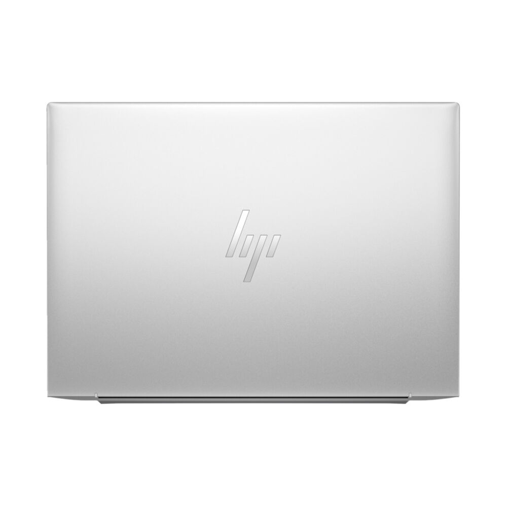 Kapalı gümüş HP dizüstü bilgisayar, kapağında logo var.