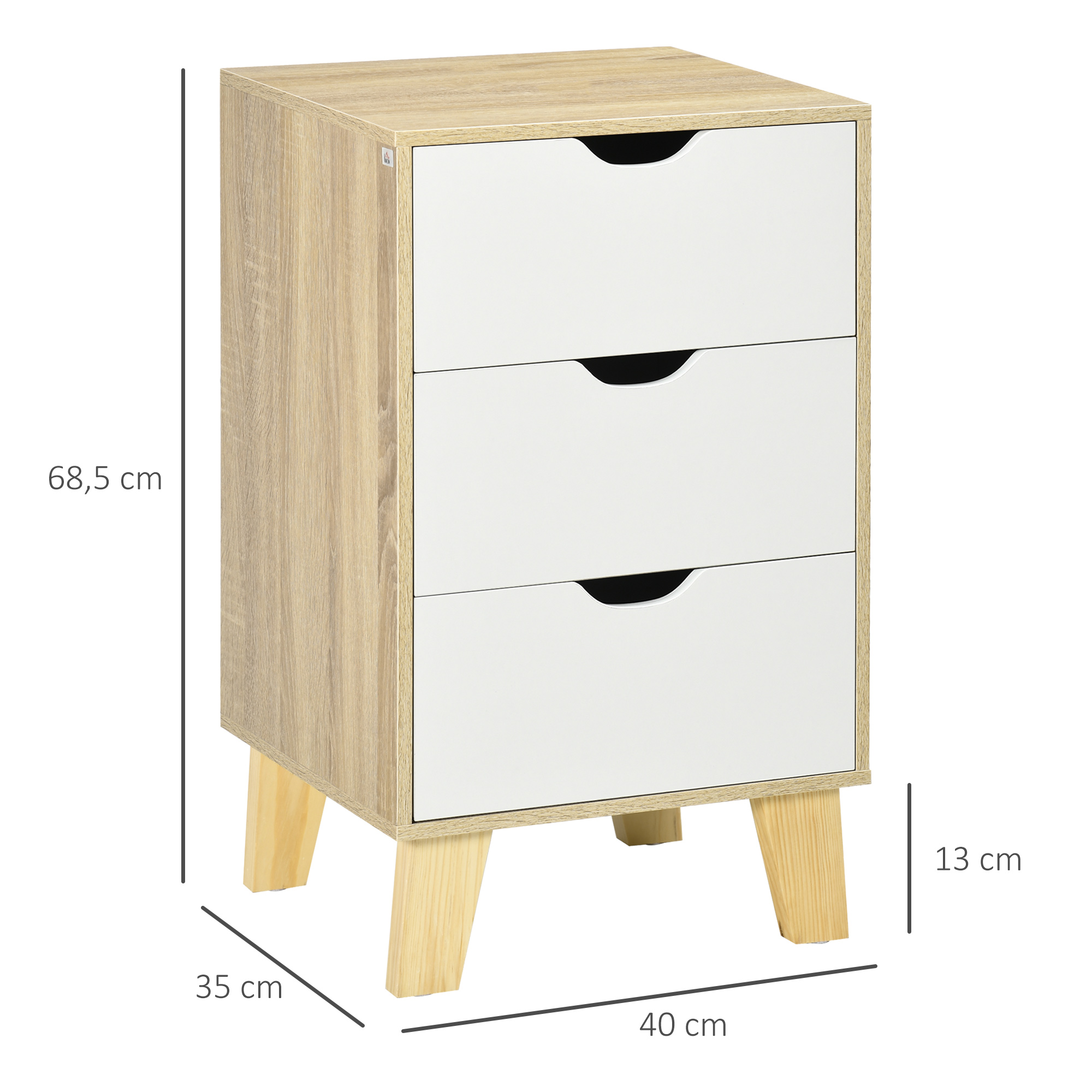 Una mesita de noche de madera clara con tres cajones blancos y patas anguladas.