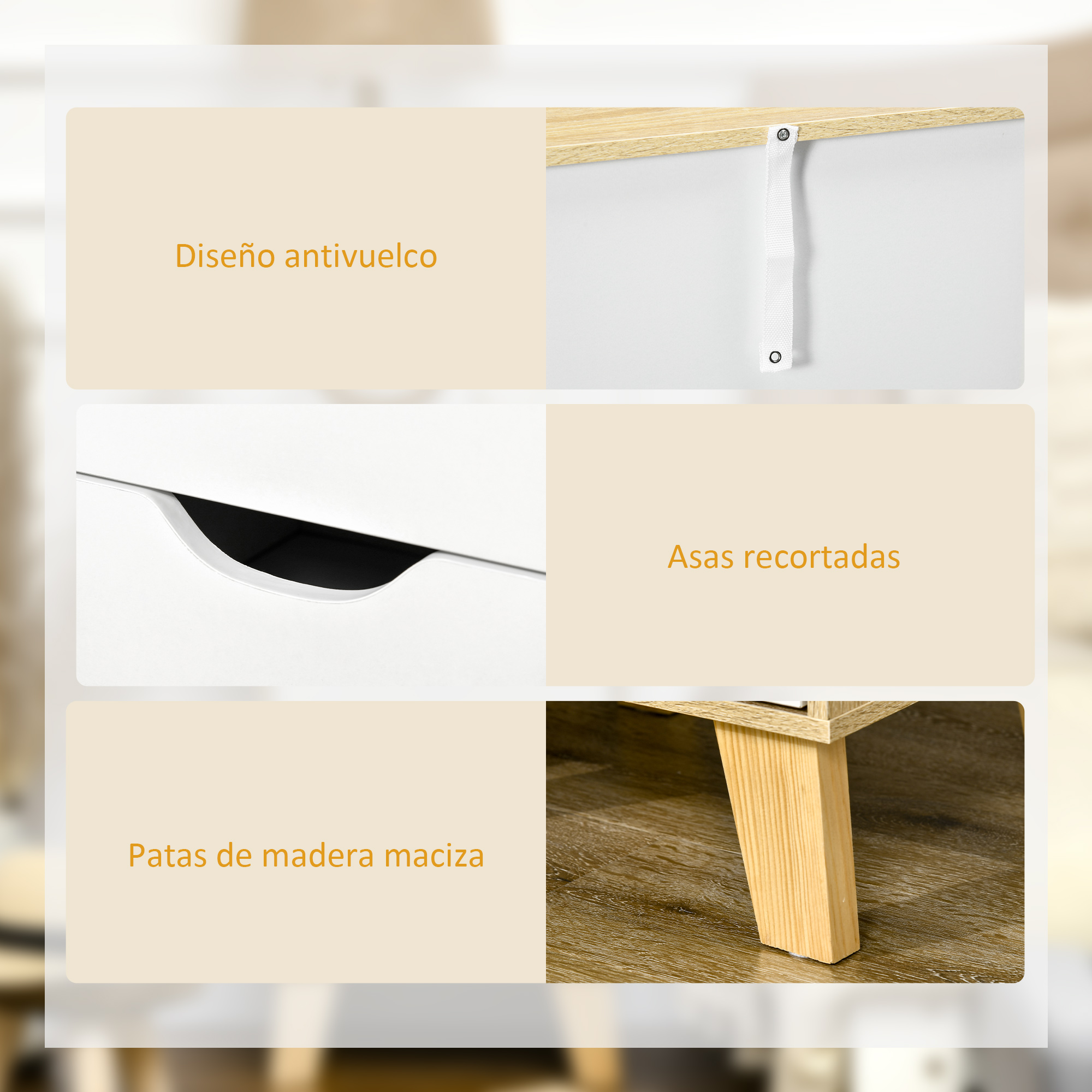 Detalles de un armario blanco: diseño antivuelco, tiradores empotrados y patas.