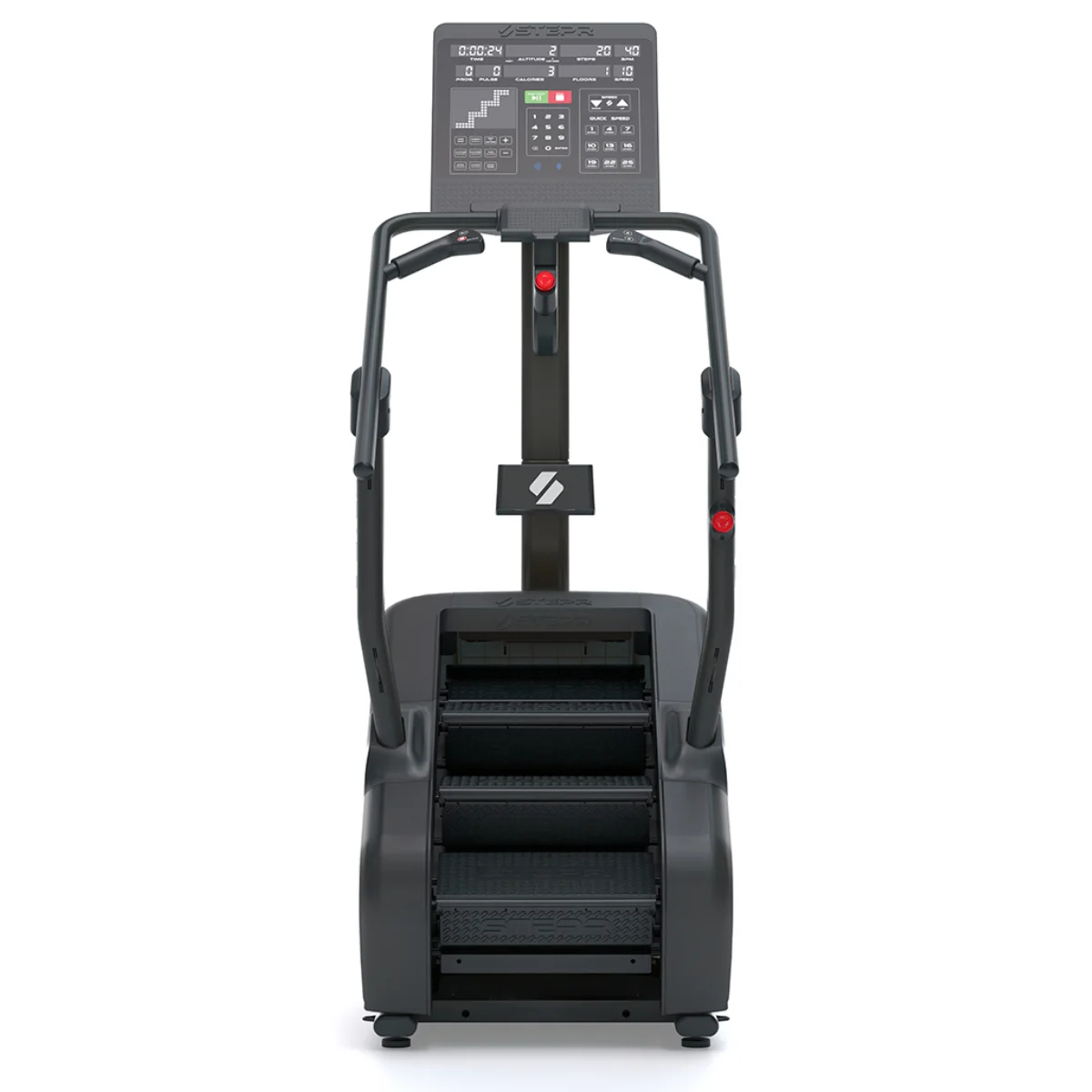 Ein schwarzes Stair-Climber-Fitnessgerät mit einem digitalen Display und Griffen.