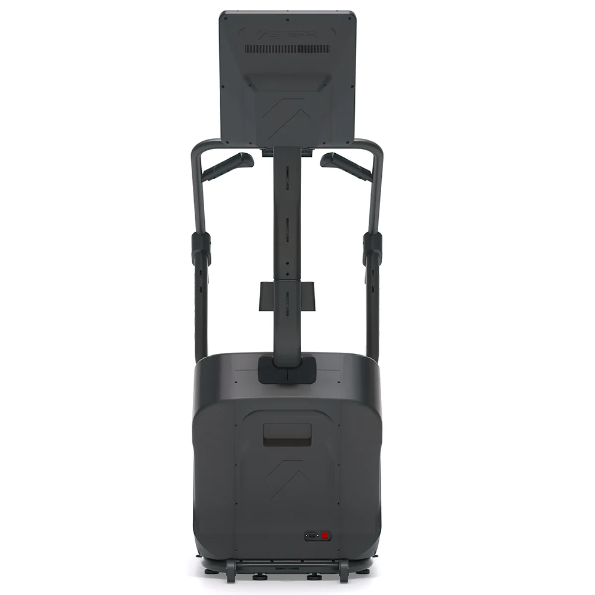 Rückansicht eines dunkelgrauen Ellipsentrainers mit Bildschirm und Griffen.