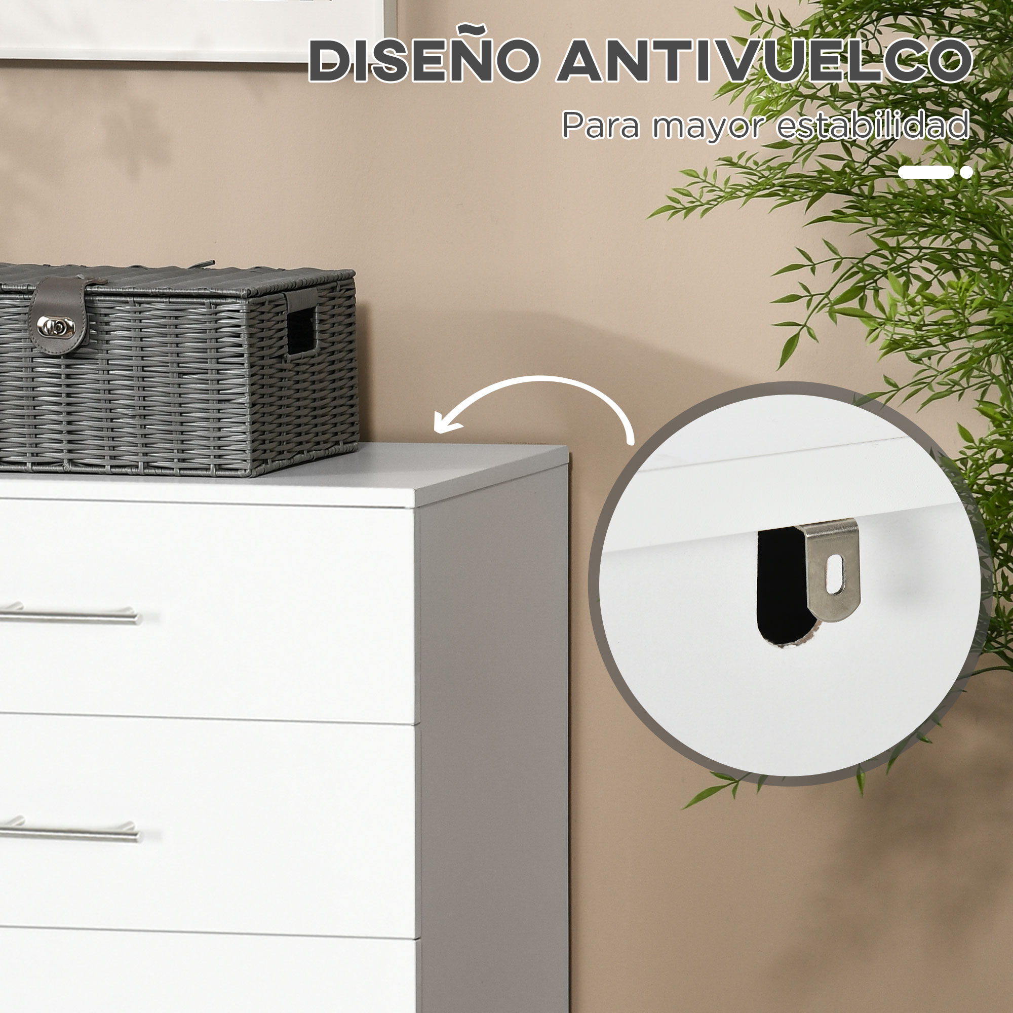 Cómoda blanca con cesta gris y detalle de anclaje a pared.