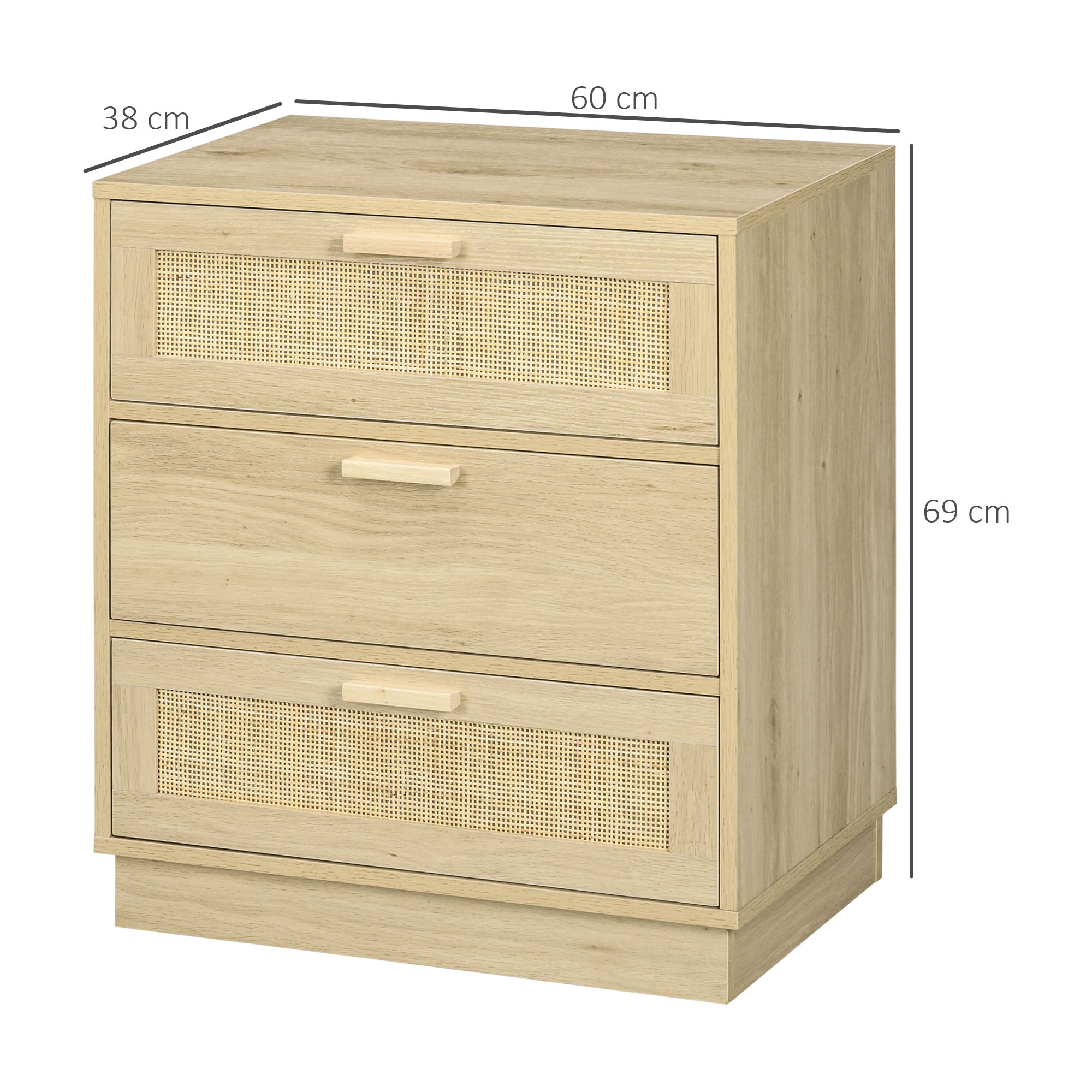 Cómoda de madera con tres cajones, dos con frentes de ratán y tiradores de madera.