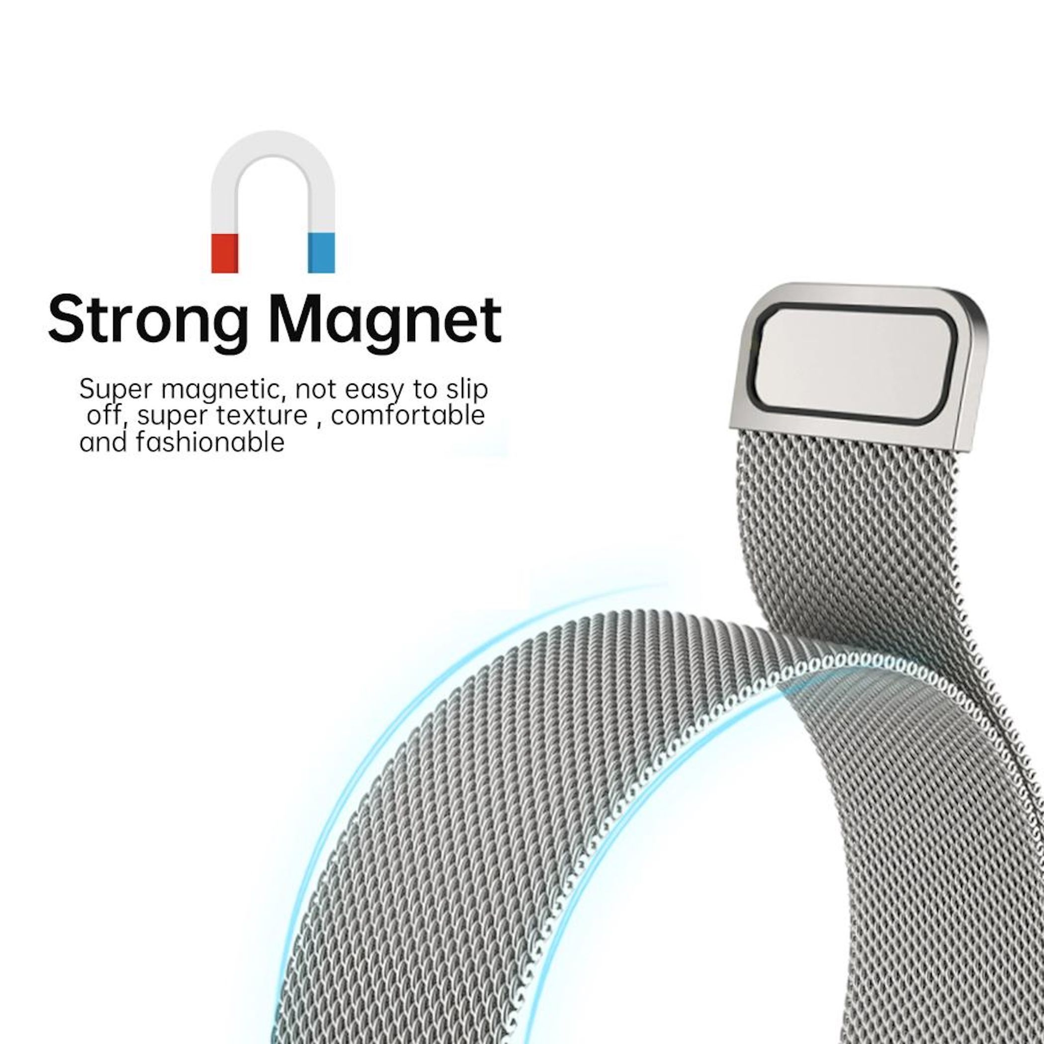Starker Magnet und silbernes Metallarmband mit feiner Netzstruktur.