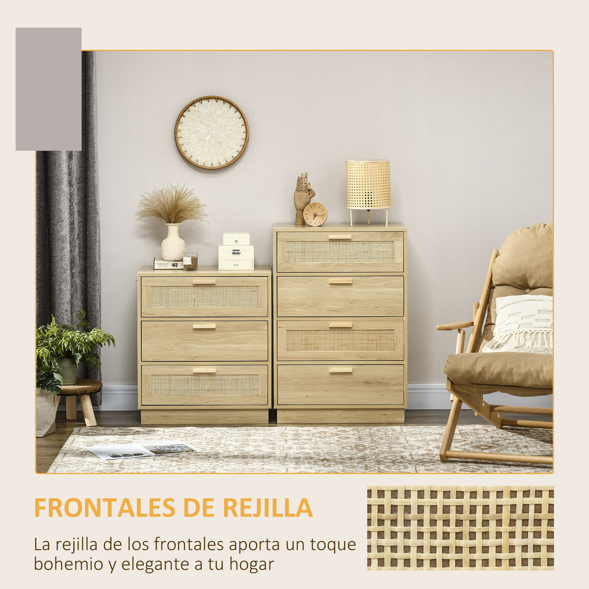 Cómoda de madera con frentes de ratán, lámpara, silla y decoración.