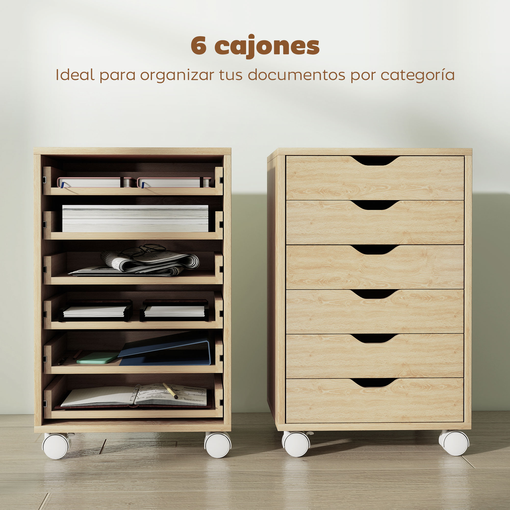 Dos muebles de almacenaje de madera con ruedas: uno con estantes abiertos, otro con cajones.