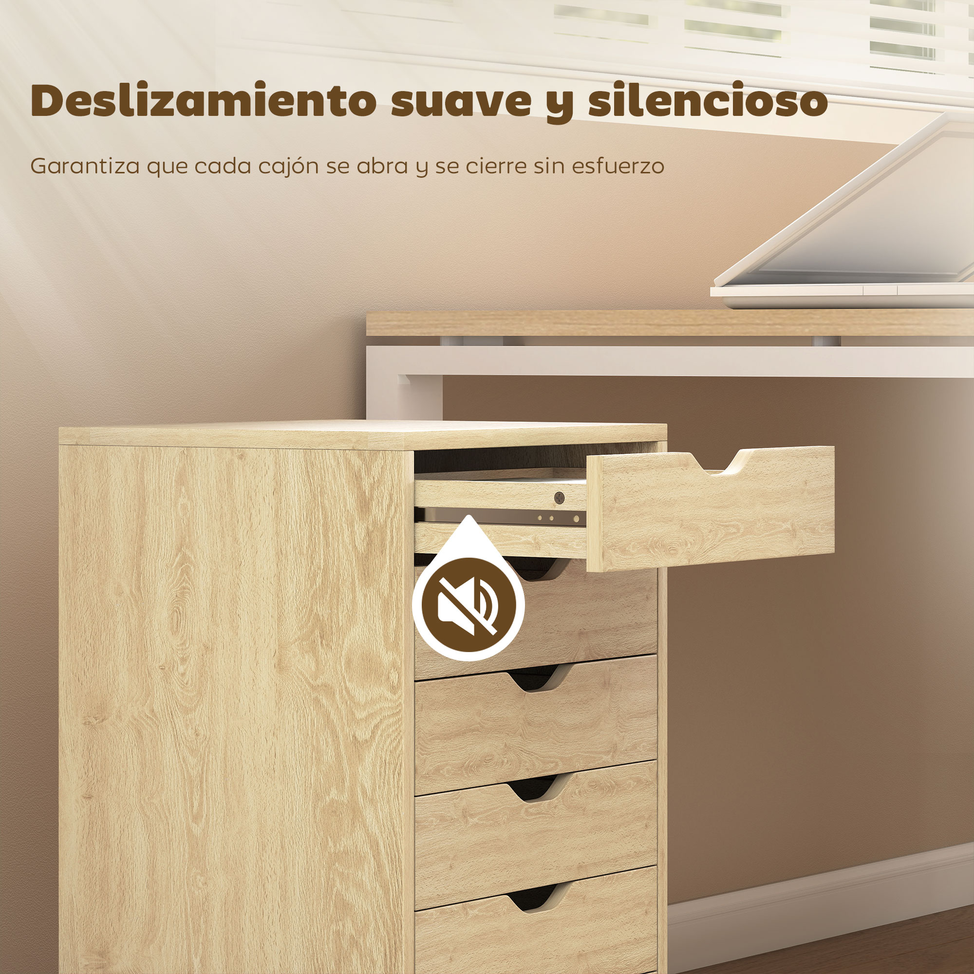 Un mueble de madera clara con cajones abiertos y un icono de silencio.