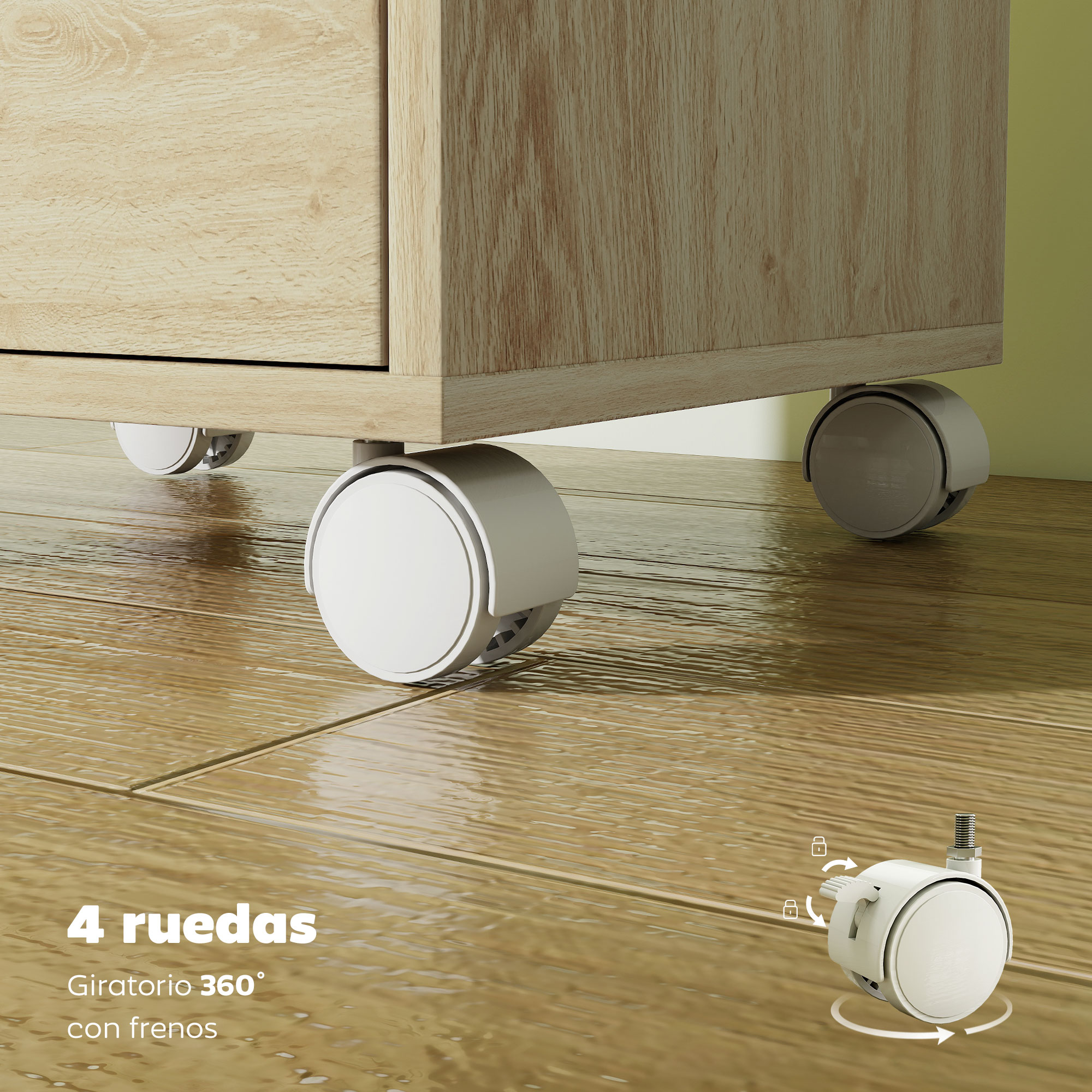 Mueble de madera con ruedas y frenos, sobre suelo de madera.
