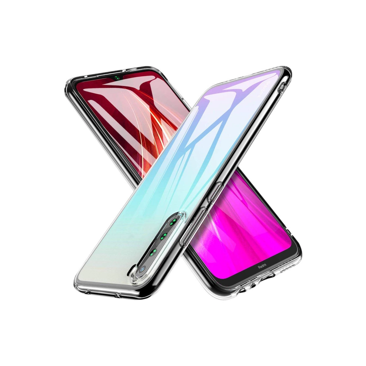 Altında telefonlar olan iki şeffaf telefon kılıfı. Kırmızı ve pembe.