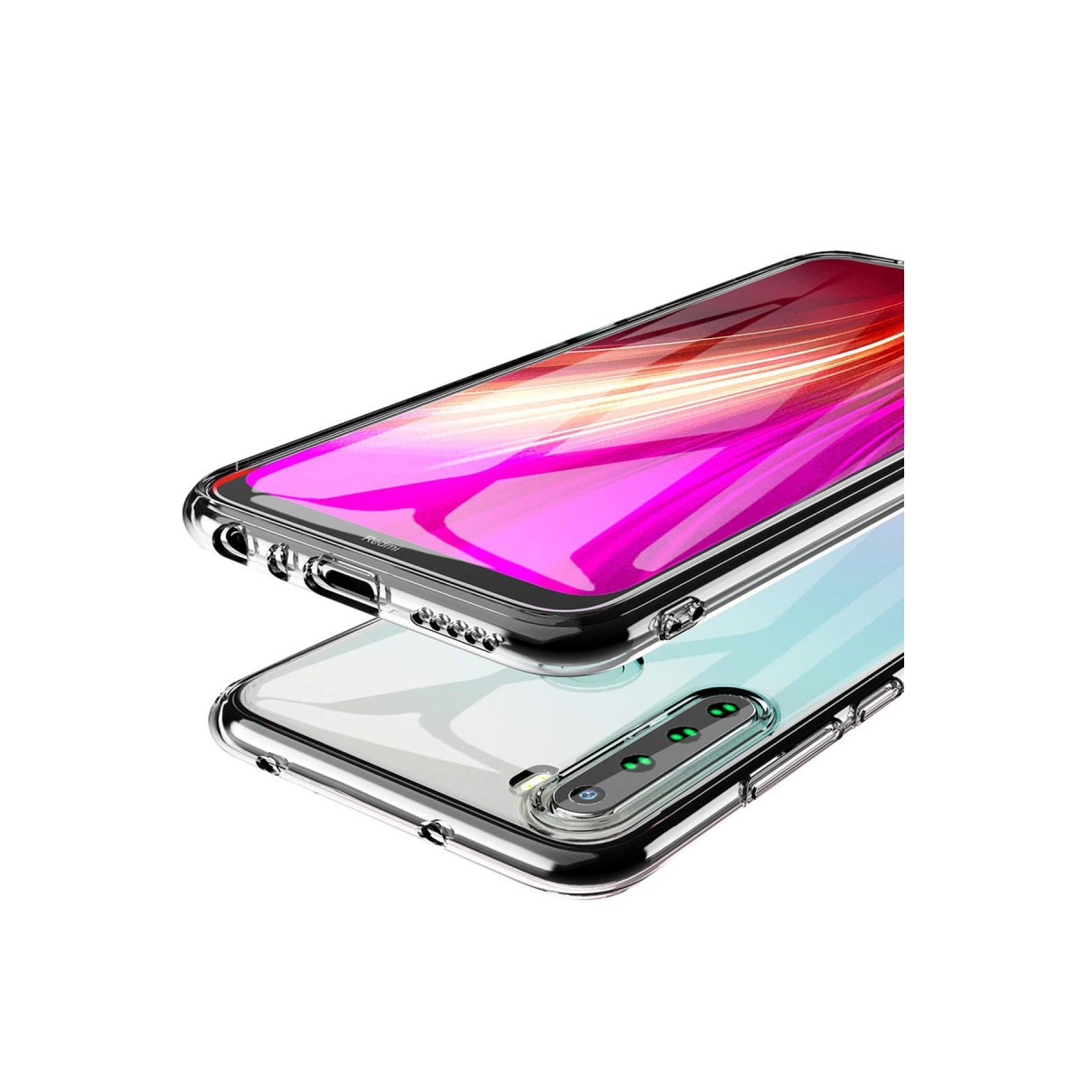 Şeffaf bir telefon kılıfı, ekranda pembe ve beyaz grafiklere sahip bir akıllı telefon gösteriyor.