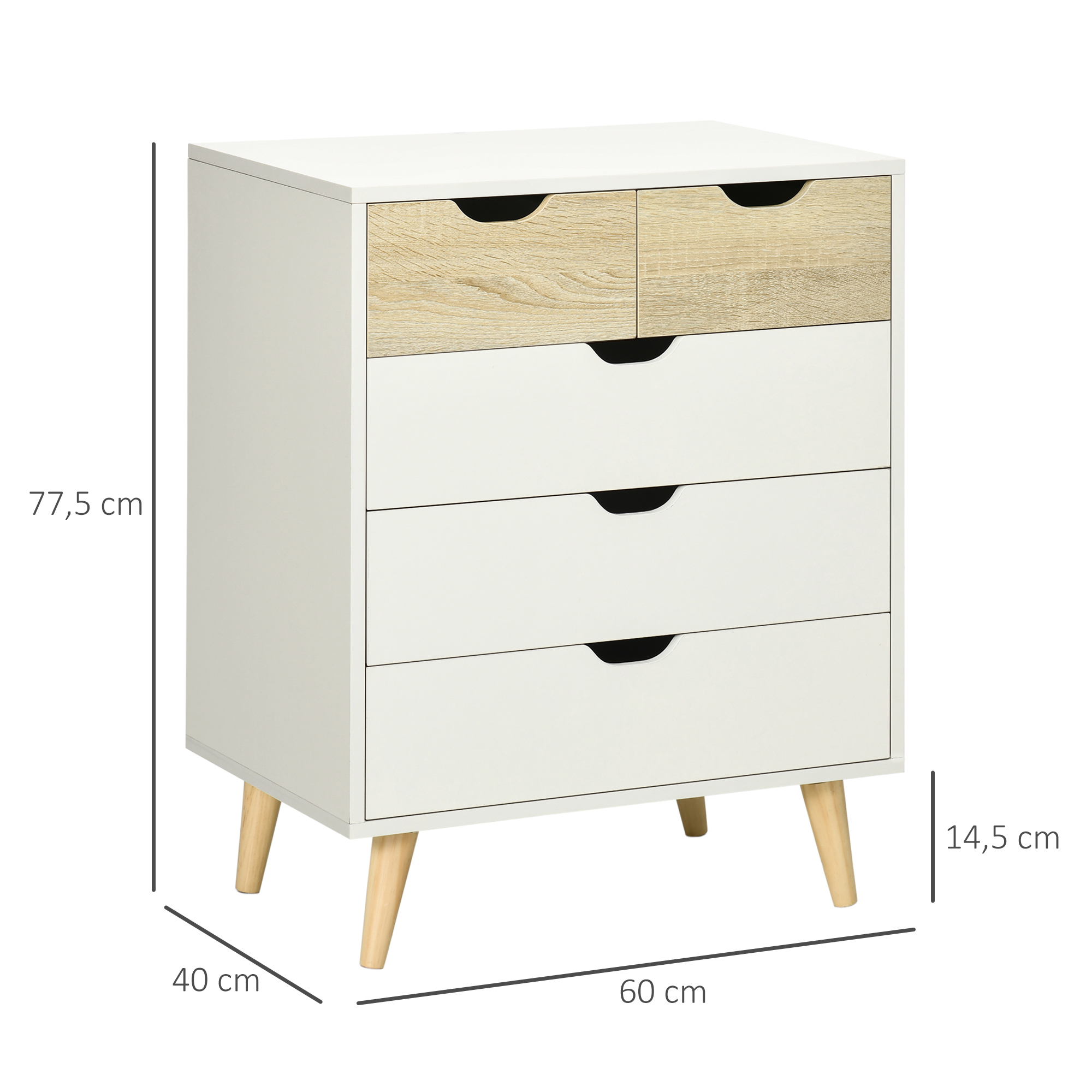 Cómoda blanca de cuatro cajones, dos superiores con acabado de madera, sobre cuatro patas.