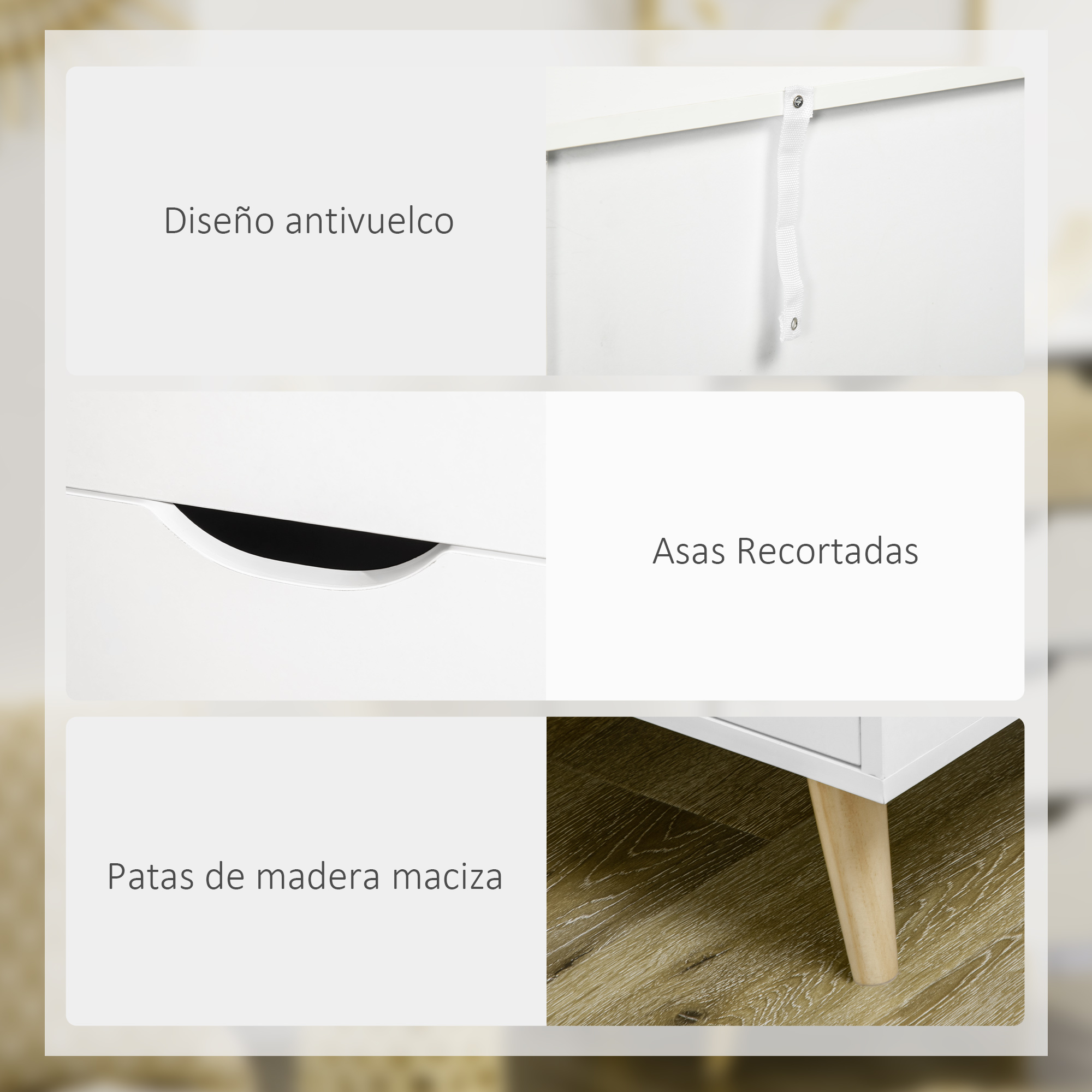 Muebles blancos con protector antivuelco, tiradores recortados y patas de madera.