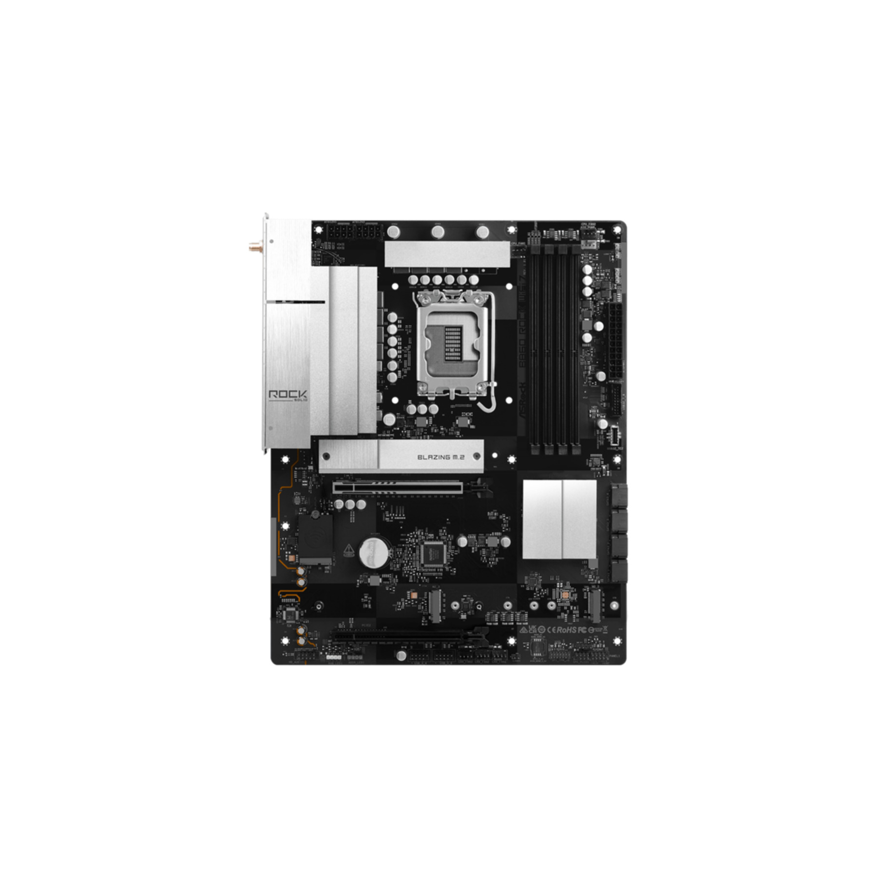 Czarna płyta główna z srebrnymi radiatorami i gniazdem CPU.