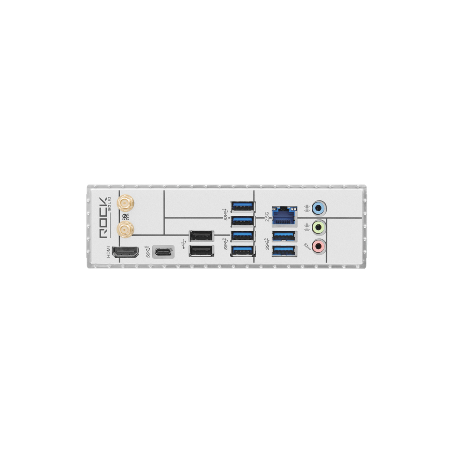 Tył płyty głównej z portami: HDMI, USB-C, USB-A, LAN, audio.