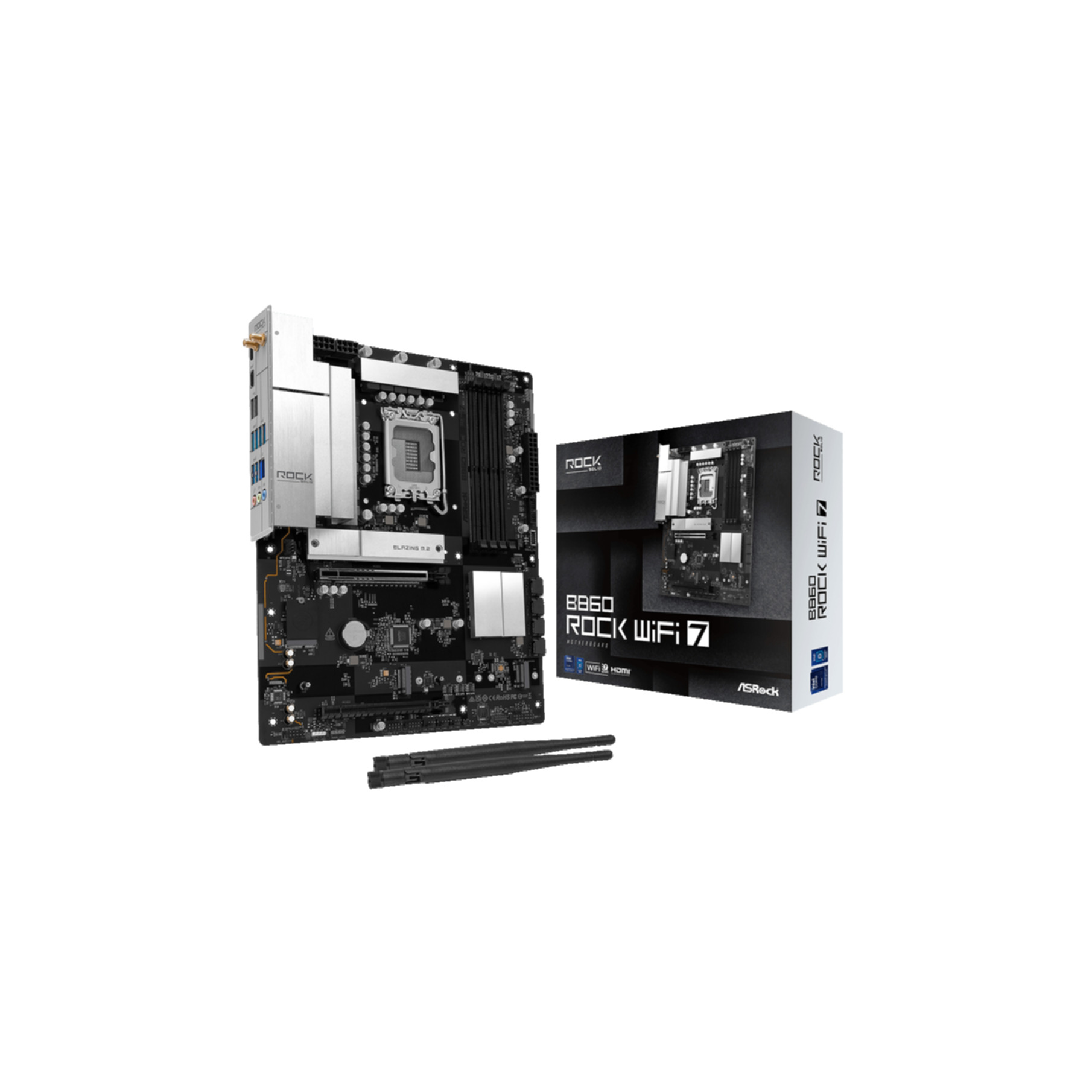 Płyta główna i opakowanie z logo WiFi 7 i ASRock.