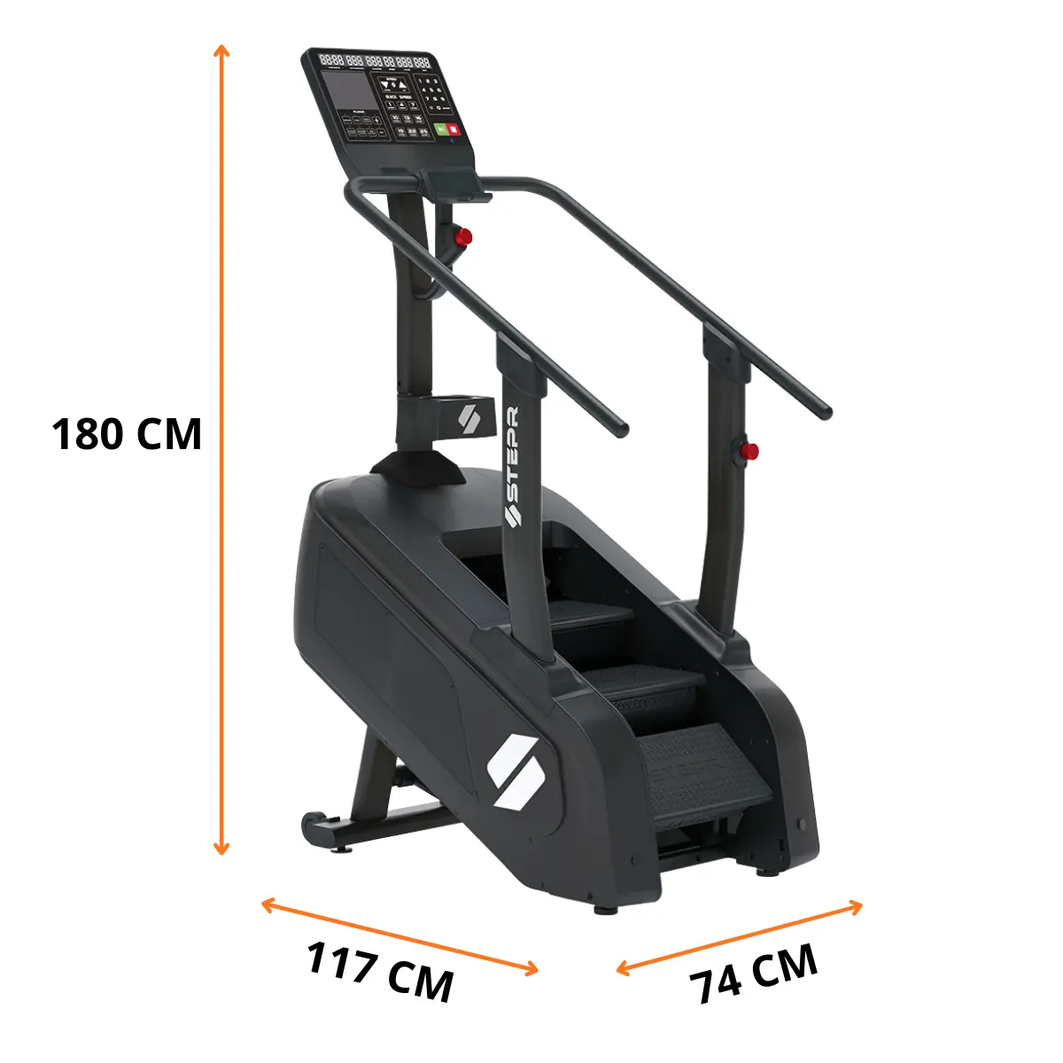 Schwarzer Stepper-Trainingsgerät mit Display, Handläufen und Stufen. Maße: 180x117x74 cm.