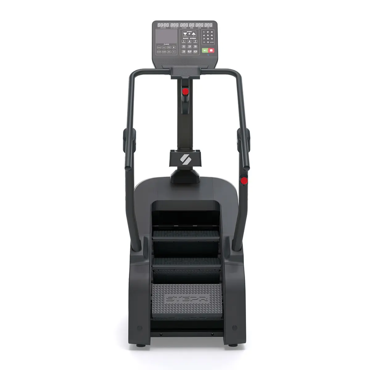 Ein schwarzer Stepper mit Stufen und einem digitalen Display.