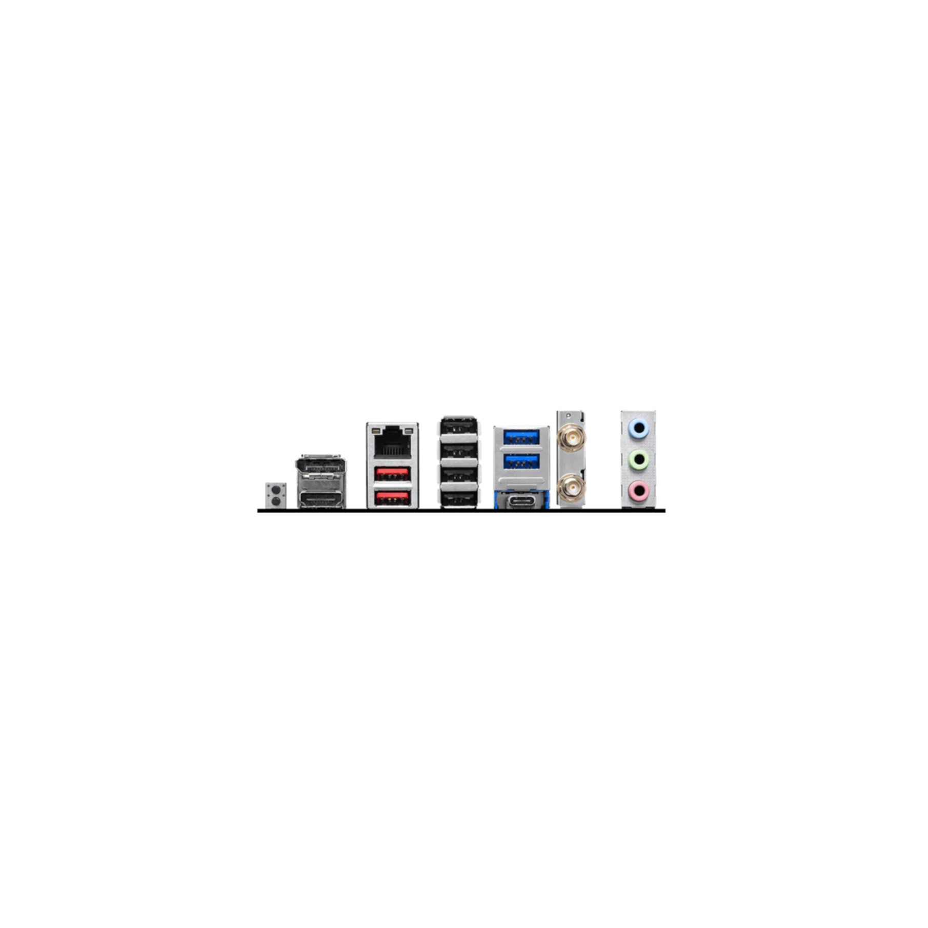 Rückseite eines Motherboards mit verschiedenen Anschlüssen: USB, Ethernet, Audio-Buchsen.