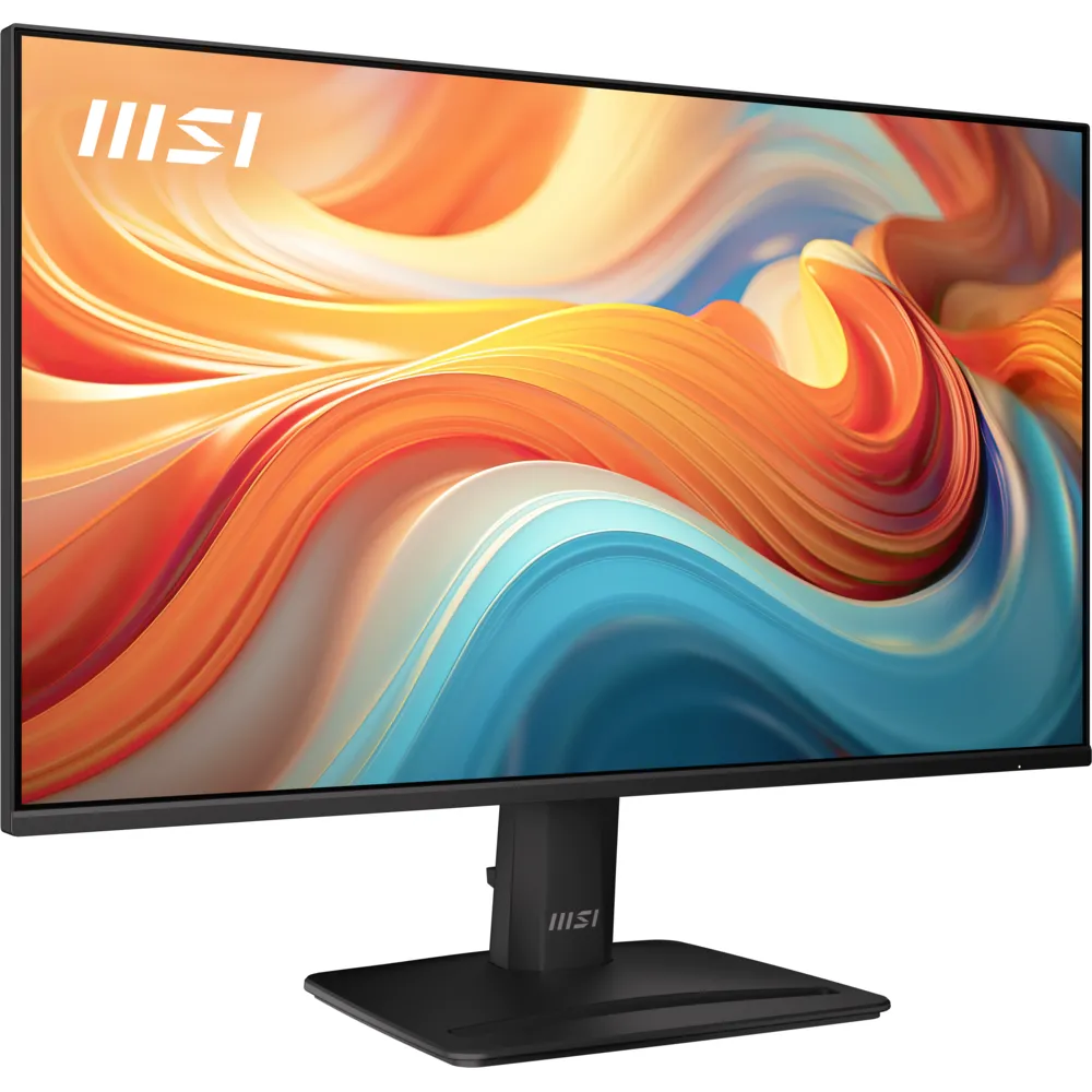 Siyah bir MSI monitör, canlı, soyut turuncu, mavi ve beyaz girdap arka planı sergiliyor.