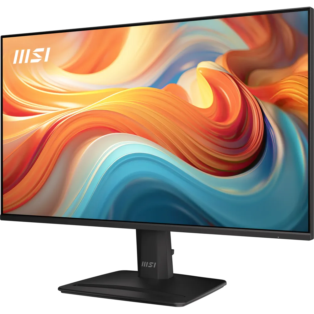 MSI logolu siyah monitör, turuncu ve mavi renklerde soyut, renkli dalga deseni sergiliyor.