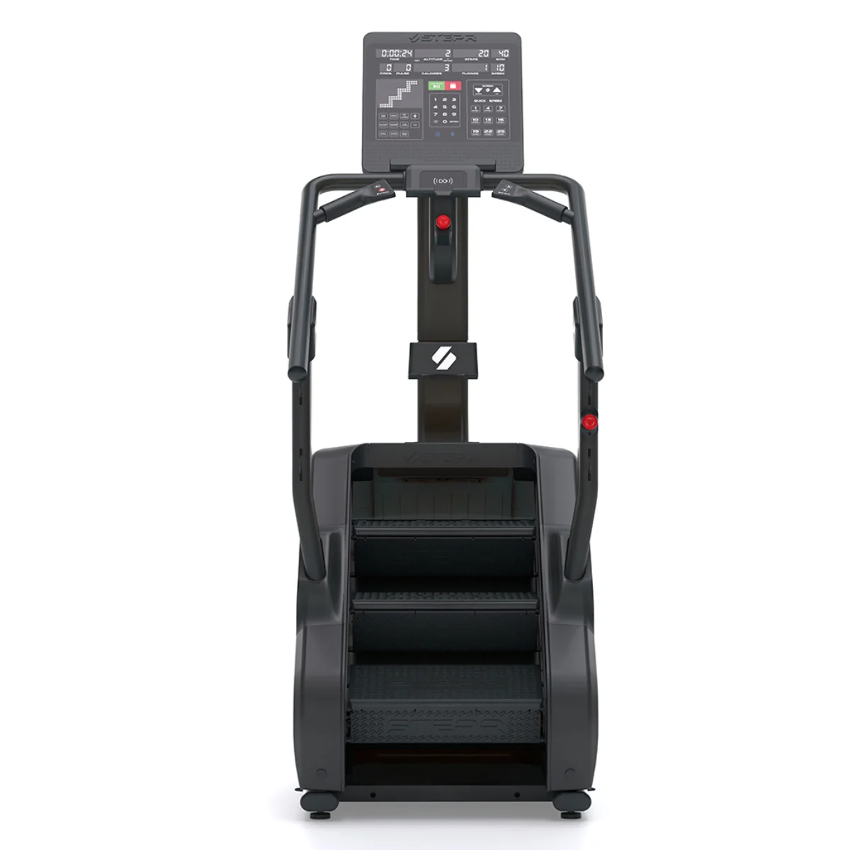 A black stair climber machine with steps and a digital display.