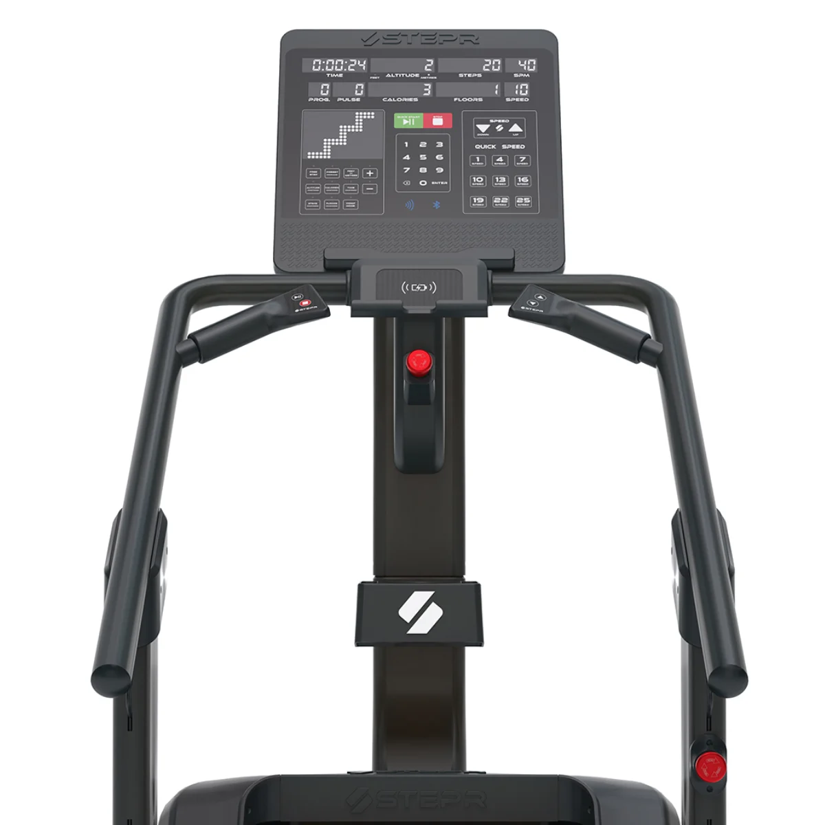 Black stepper with digital display and handles, on a white background.