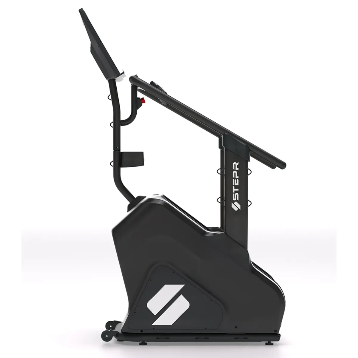 Black stepper fitness machine with display, handles, and wheels.