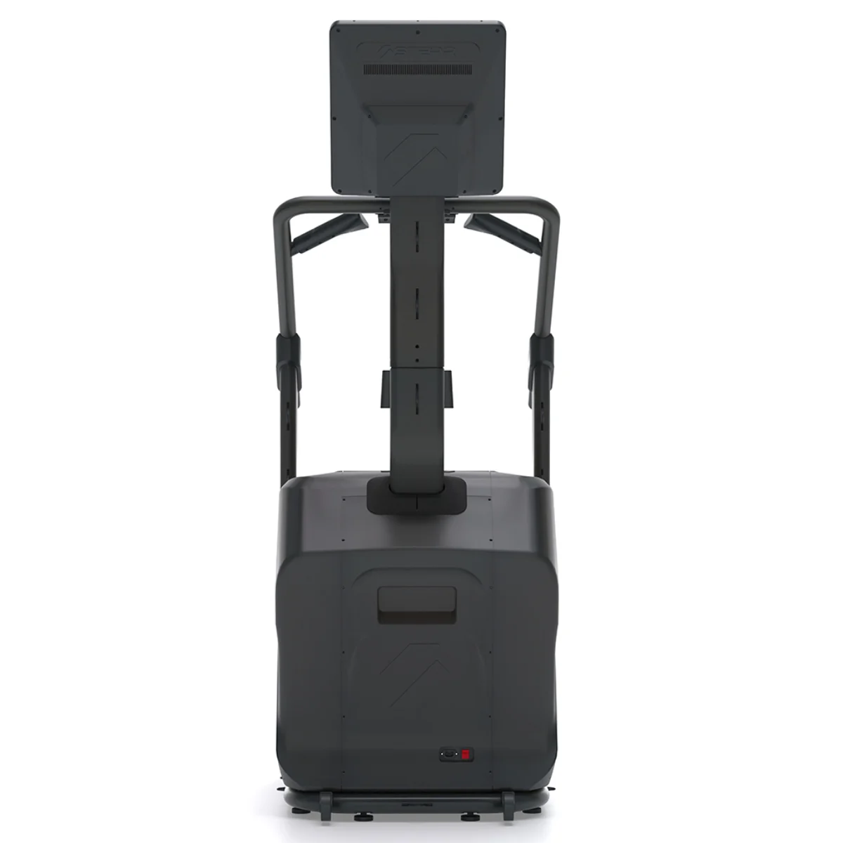 Rear view of a dark fitness machine with a screen and handles.