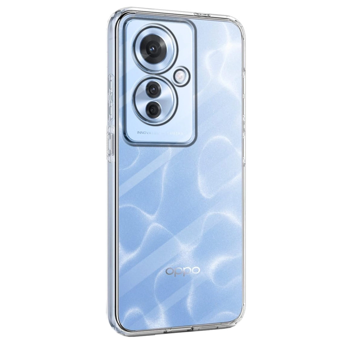 Mavi desenli ve kamera lensli şeffaf telefon kılıfı.