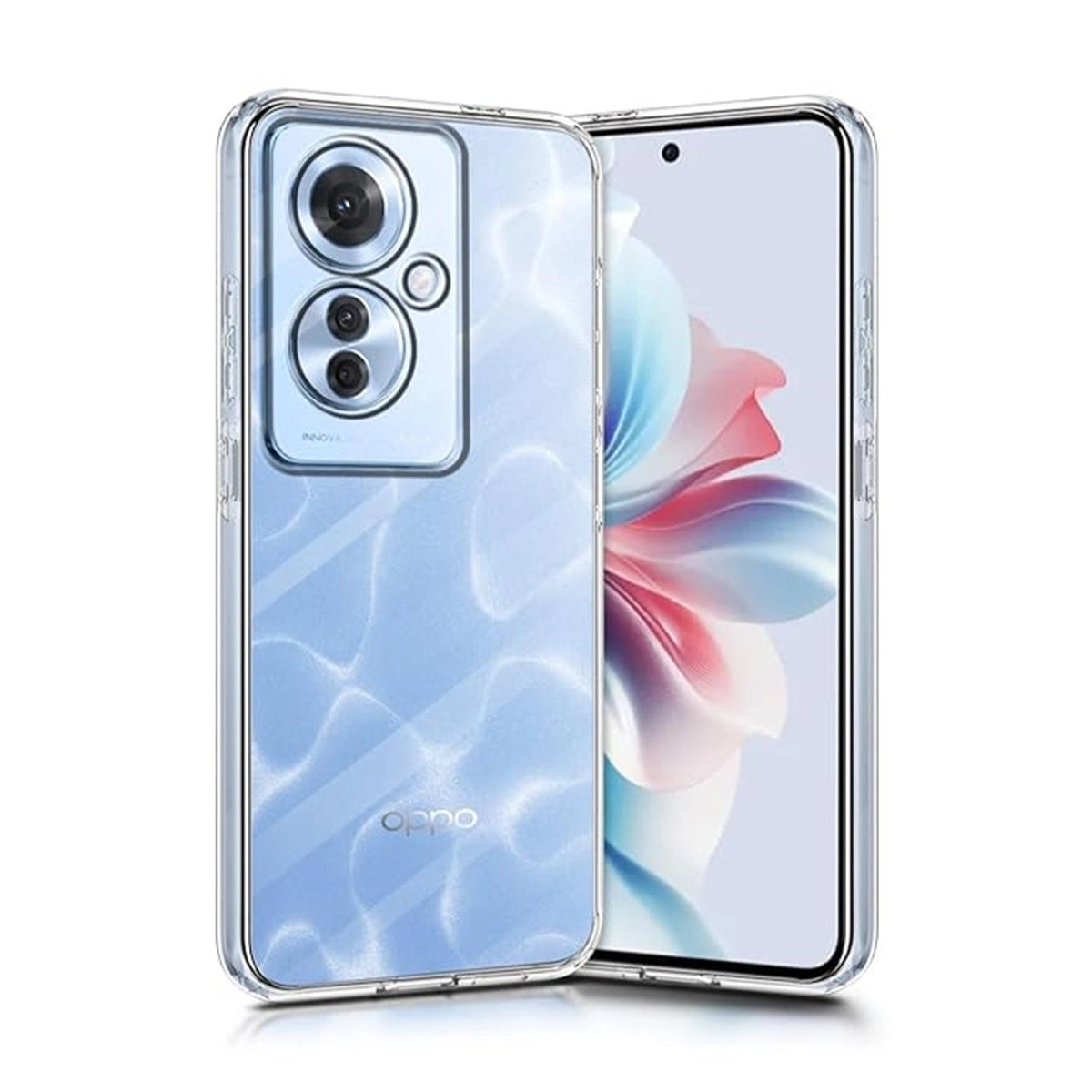 Oppo logosu ve kamera modülü olan şeffaf telefon kılıfı.