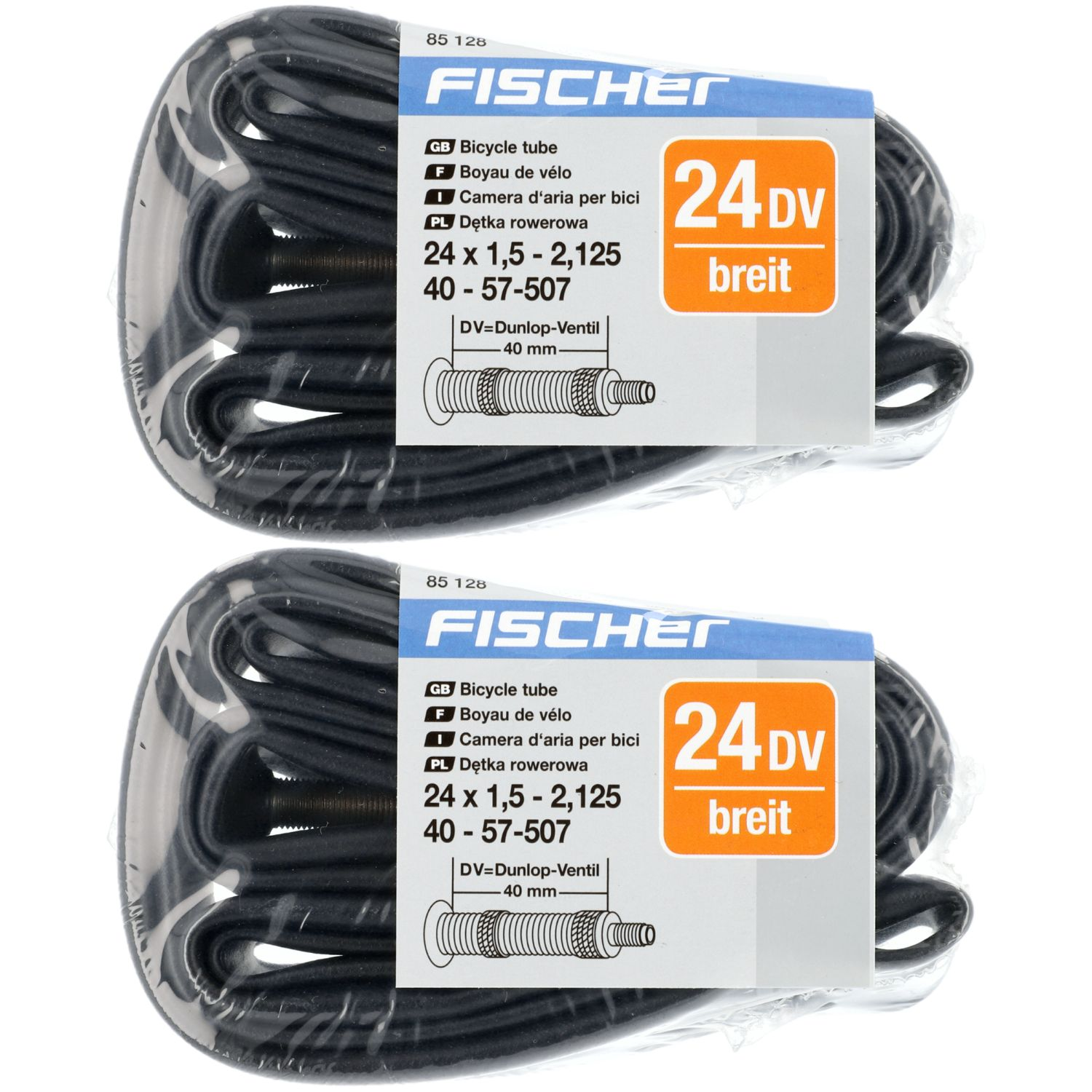 Zwei Fahrradschläuche von Fischer, 24 Zoll, mit Dunlop-Ventil.