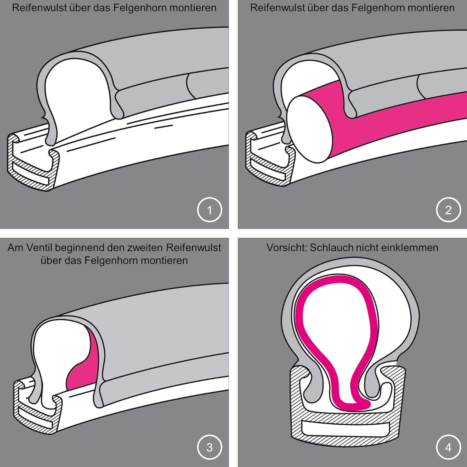 Illustrationen zeigen das Montieren eines Fahrradreifens auf eine Felge.