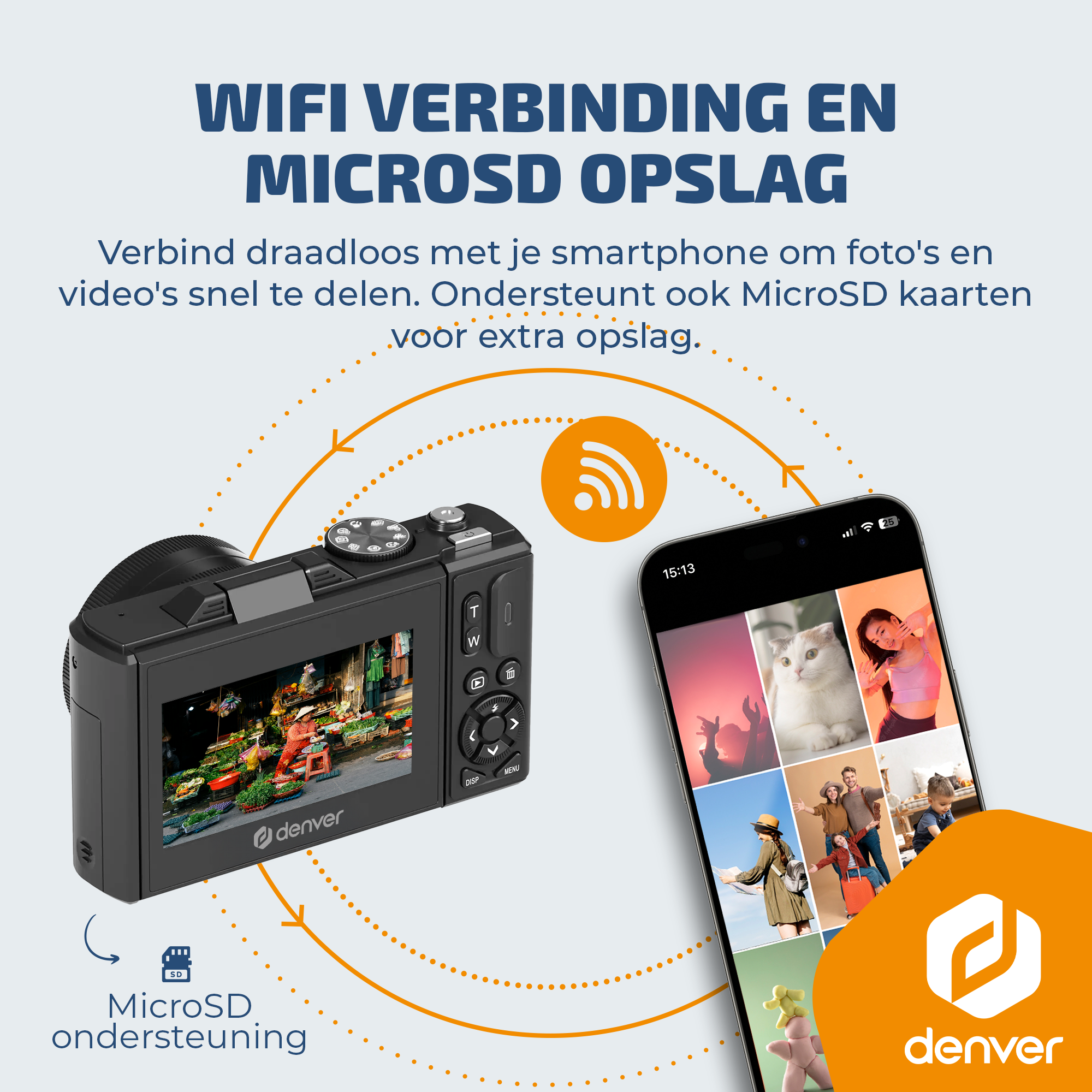 Digitale camera en smartphone tonen WiFi-verbinding en MicroSD-opslag. Beide met Denver-logo.