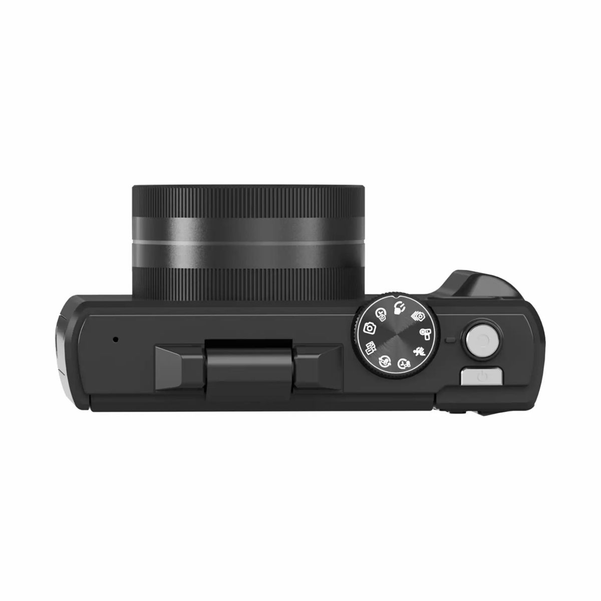 Bovenaanzicht van een zwarte digitale camera met scherpstelring en moduskiezer.