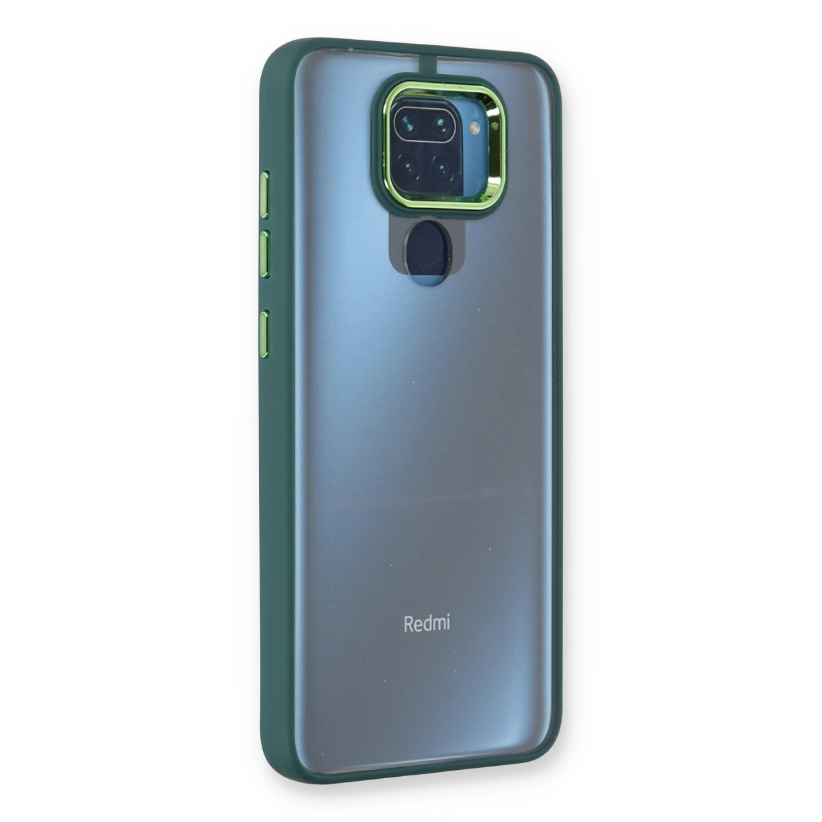 Kamera modülünü ve Redmi logosunu gösteren şeffaf arkalıklı yeşil telefon kılıfı.