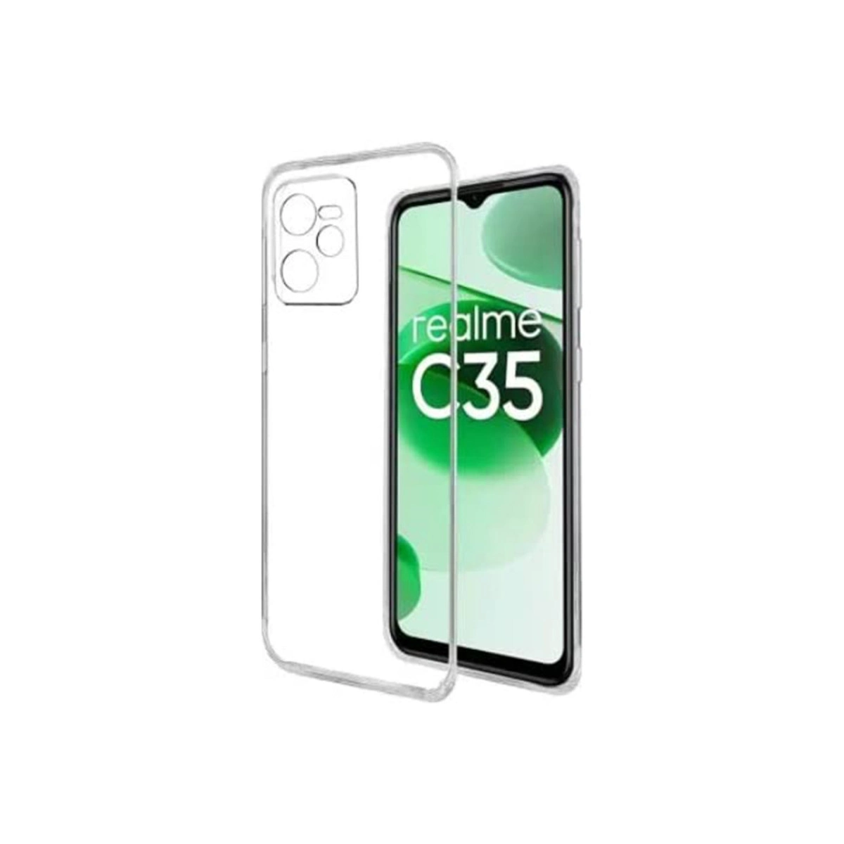 Realme C35 akıllı telefonun yanında şeffaf kılıf.