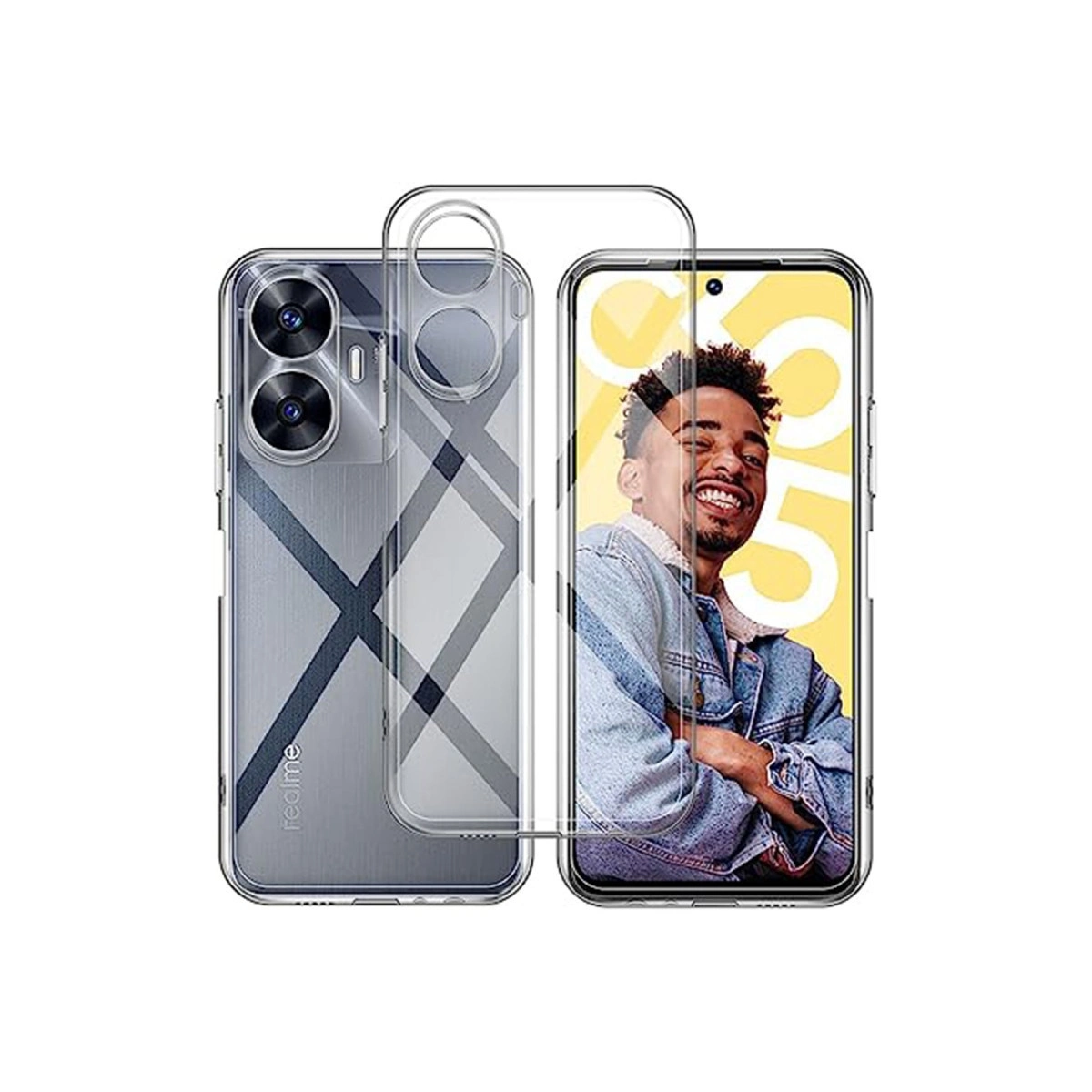 Kareli desenli şeffaf telefon kılıfı ve ekranda bir adam.