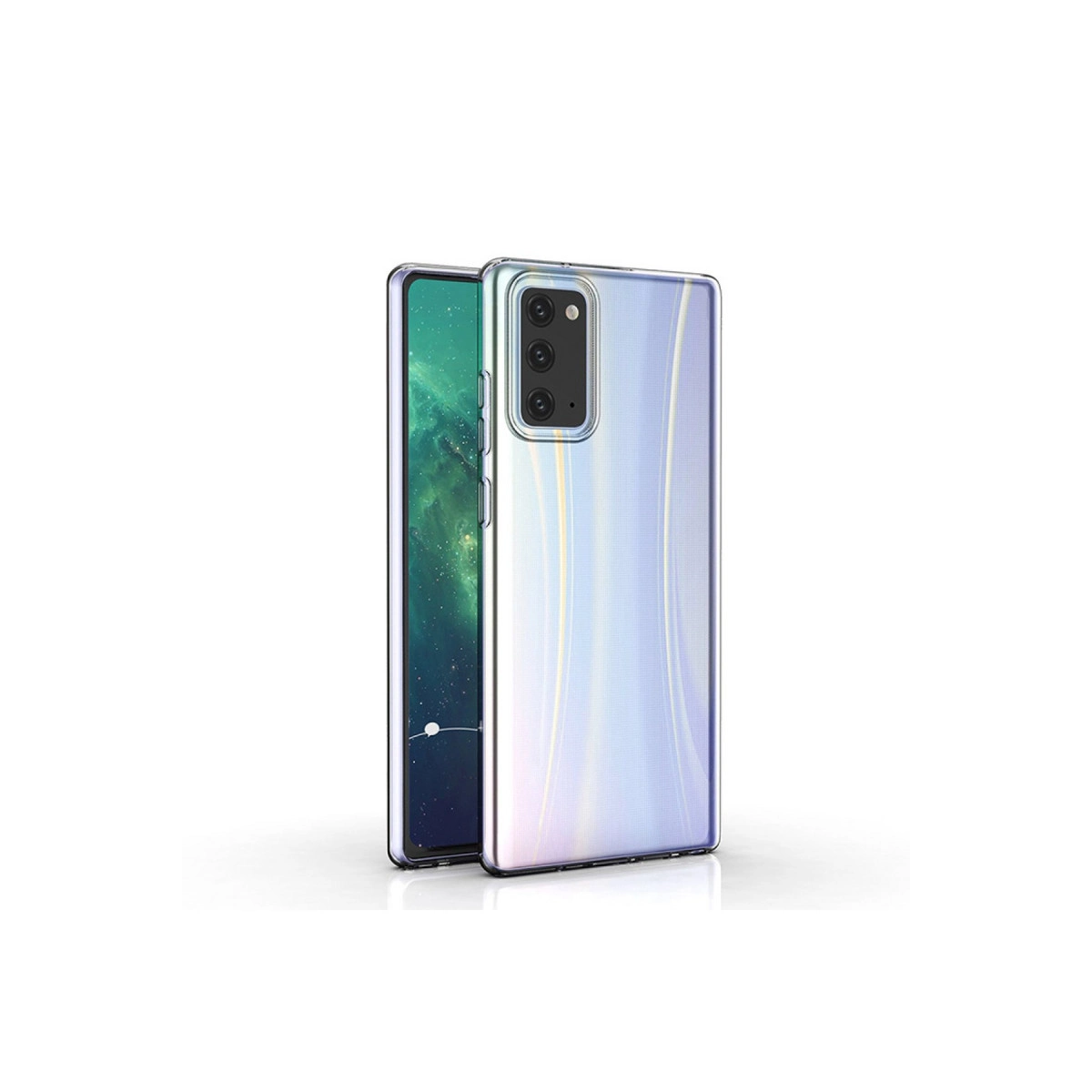 Beyaz arka plan üzerinde beyaz desenli şeffaf telefon kılıfı.