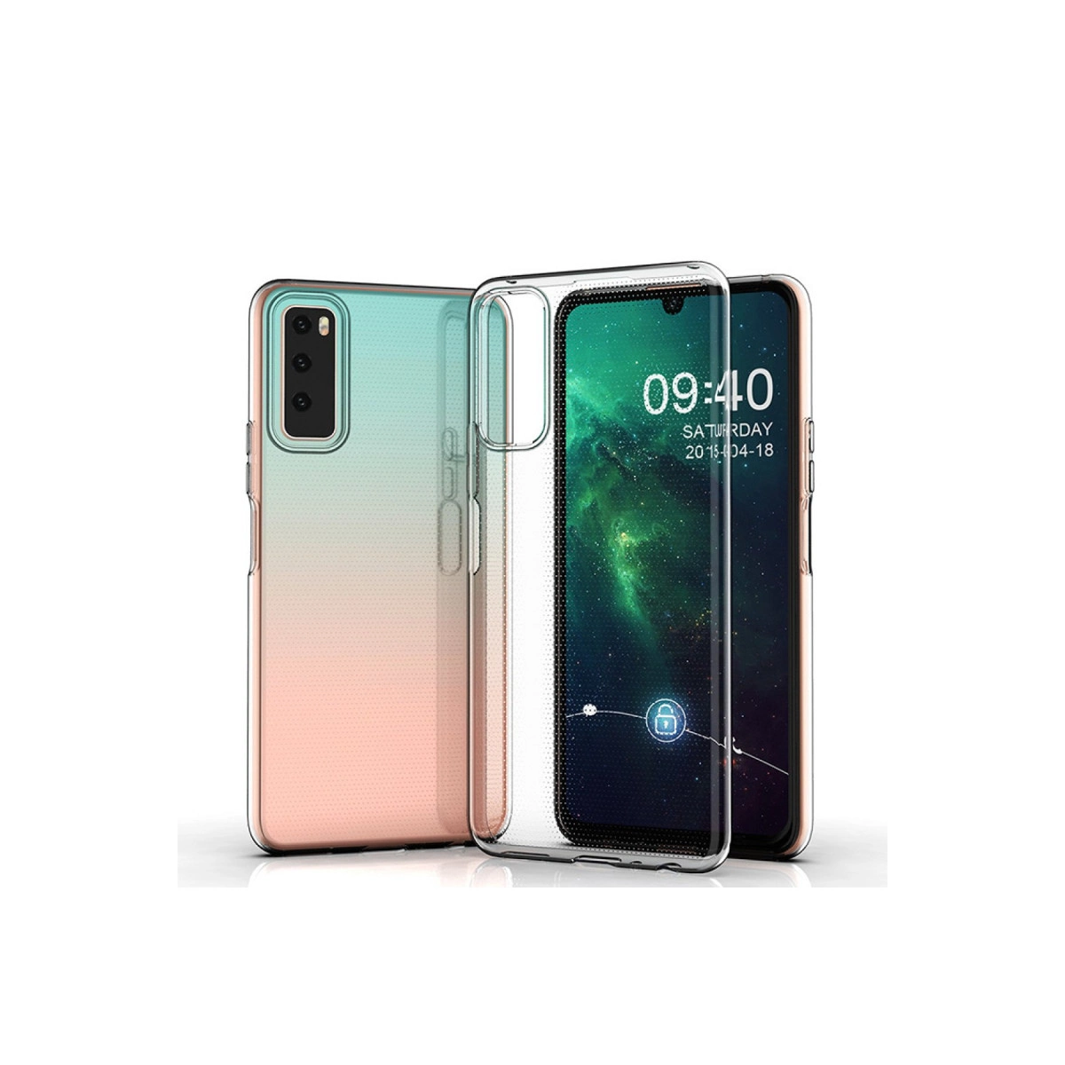 Beyaz arka plan üzerinde üç şeffaf telefon kılıfı. Biri gradyan renkli.