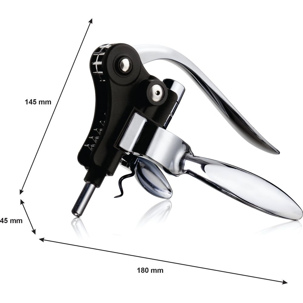 Schwarz-chrom-Korkenzieher mit Maßen 145mm, 45mm, 180mm.