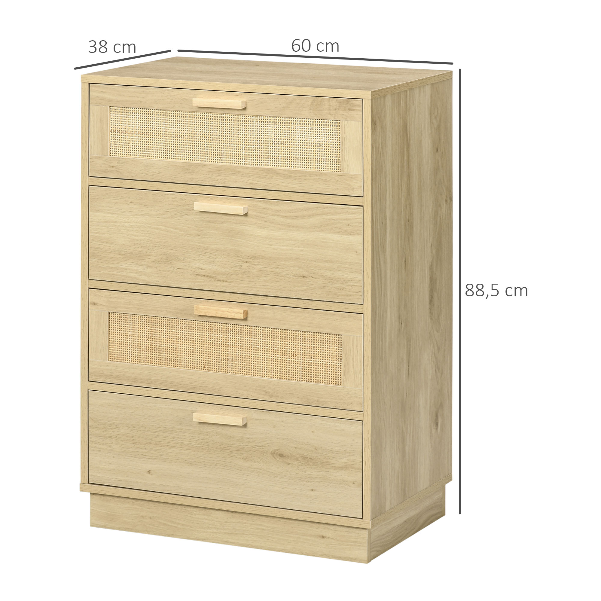 Cómoda de madera con cuatro cajones, dos con frentes de ratán.